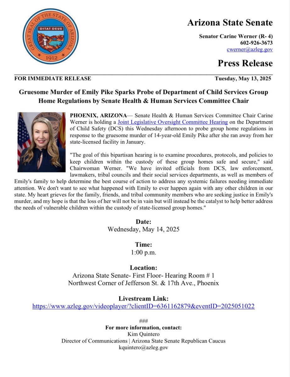 AZSenateGOP's tweet image. 🚨FOR IMMEDIATE RELEASE: Gruesome Murder of Emily Pike Sparks Probe of Department of Child Services Group Home Regulations by Senate Health &amp;amp; Human Services Committee Chair

Full Press Release: azsenaterepublicans.gov/post/gruesome-…

@CarineWerner