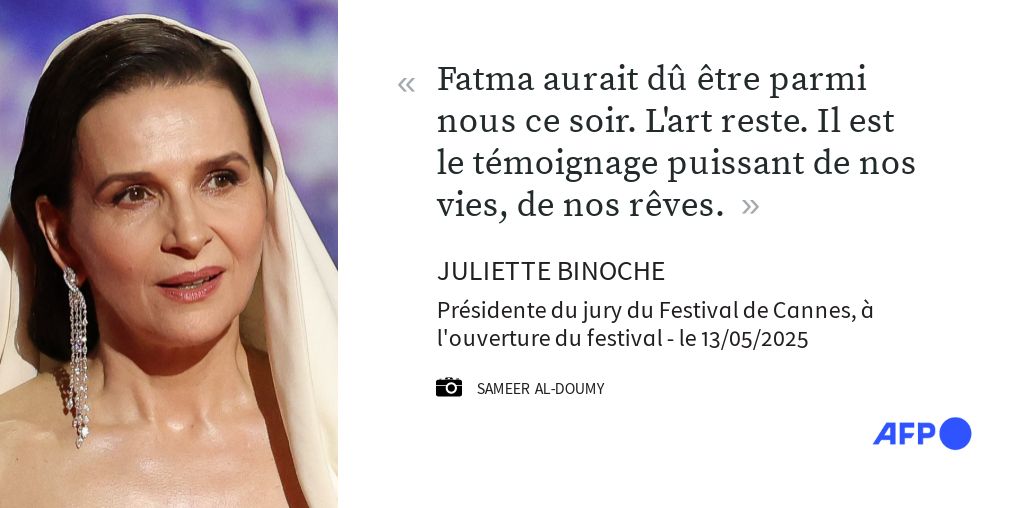 ⭐ #Cannes2025: à l'ouverture du 78e Festival de Cannes, la présidente du jury Juliette Binoche a rendu hommage à la photojournaliste palestinienne Fatima Hassouna, tuée par un bombardement israélien à Gaza mi-avril #AFP