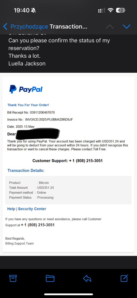 randomguy9311's tweet photo. Hej @niebezpiecznik chyba jakiś nowy phishing na paypala wszedł. Takie maile rozsyłają z prośbą o potwierdzenie transakcji. A w zakreślonym jest adres mail. https://t.co/kSmA3pznmD