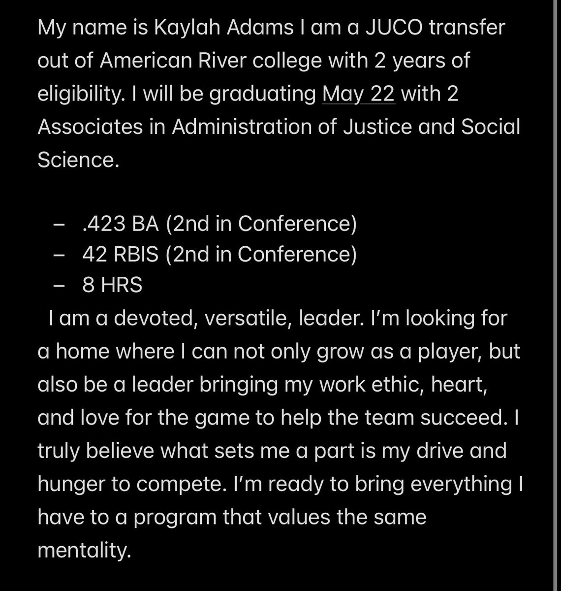 Kaylah Adams: 2025 Juco Transfer 2 year eligibility INF/Power Hitter 
3C2A All State 
2024 Big 8 All Infield 
2025 Big 8 All Infield 
.423 BA
42 RBI
8 HRS 
americanriver.prestosports.com/sports/sball/2…

youtu.be/sZxzT_wAC5A?si… 
<a href="/SoftballPortal/">Softball Portal</a>