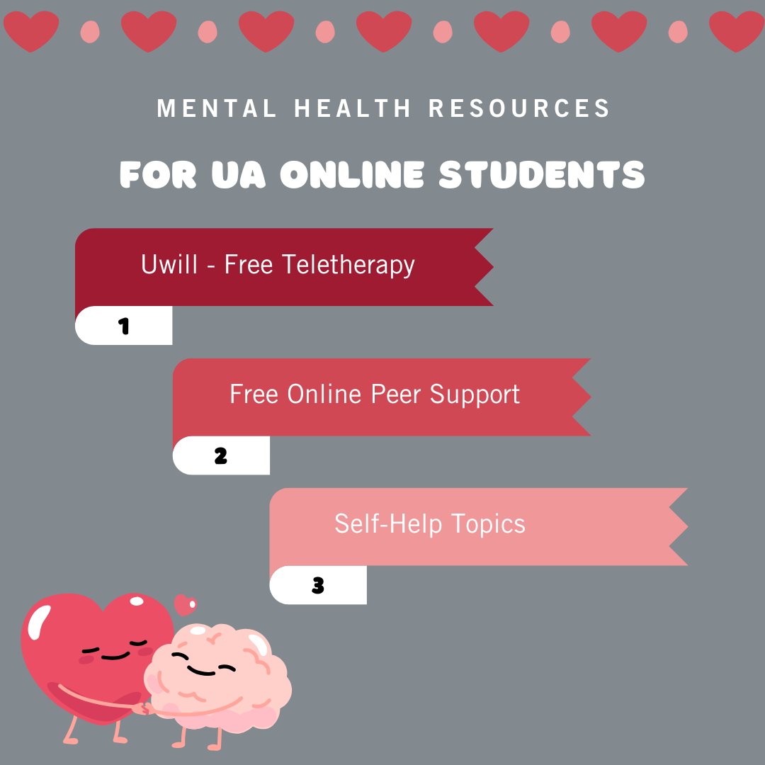 It's Mental Health Awareness Month! 🧠 UA Online has partnered with Uwill to offer students free access to teletherapy. Visit the UA Counseling Center website to find more mental health resources, or check out the link to learn more about Uwill. 🩷 ➡️ online.ua.edu/uwill