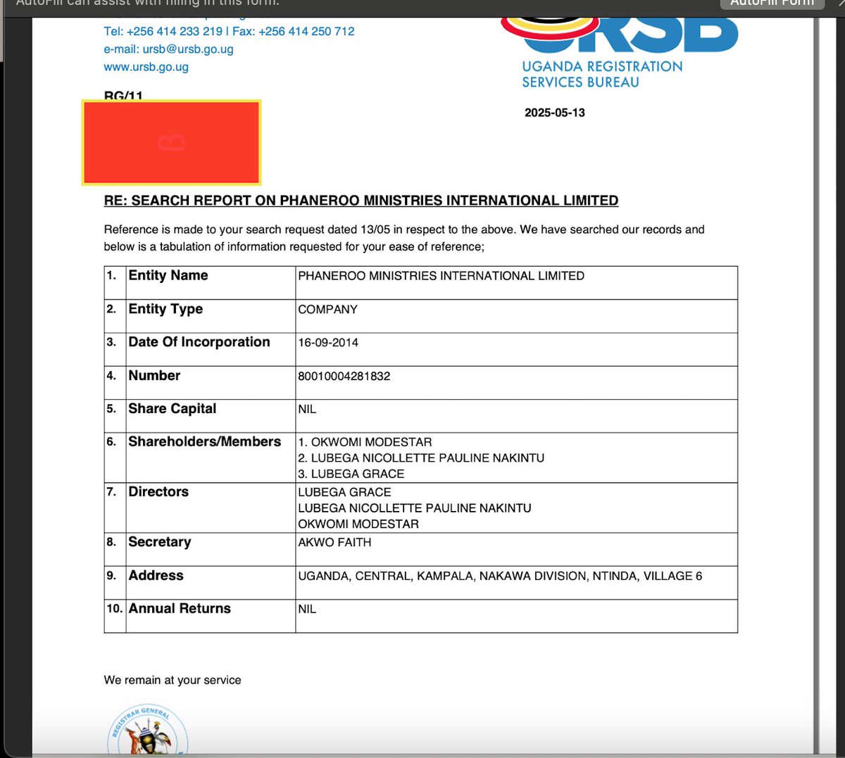 Since many of you have been talking about Phaneroo, I downloaded its files from the URSB. Below are some salient features from the documents: it has three directors/shareholders: Grace Lubega, his wife Lubega Nicollette Pauline Nakintu, and Okwomi Modesta, who is Kenyan. /1