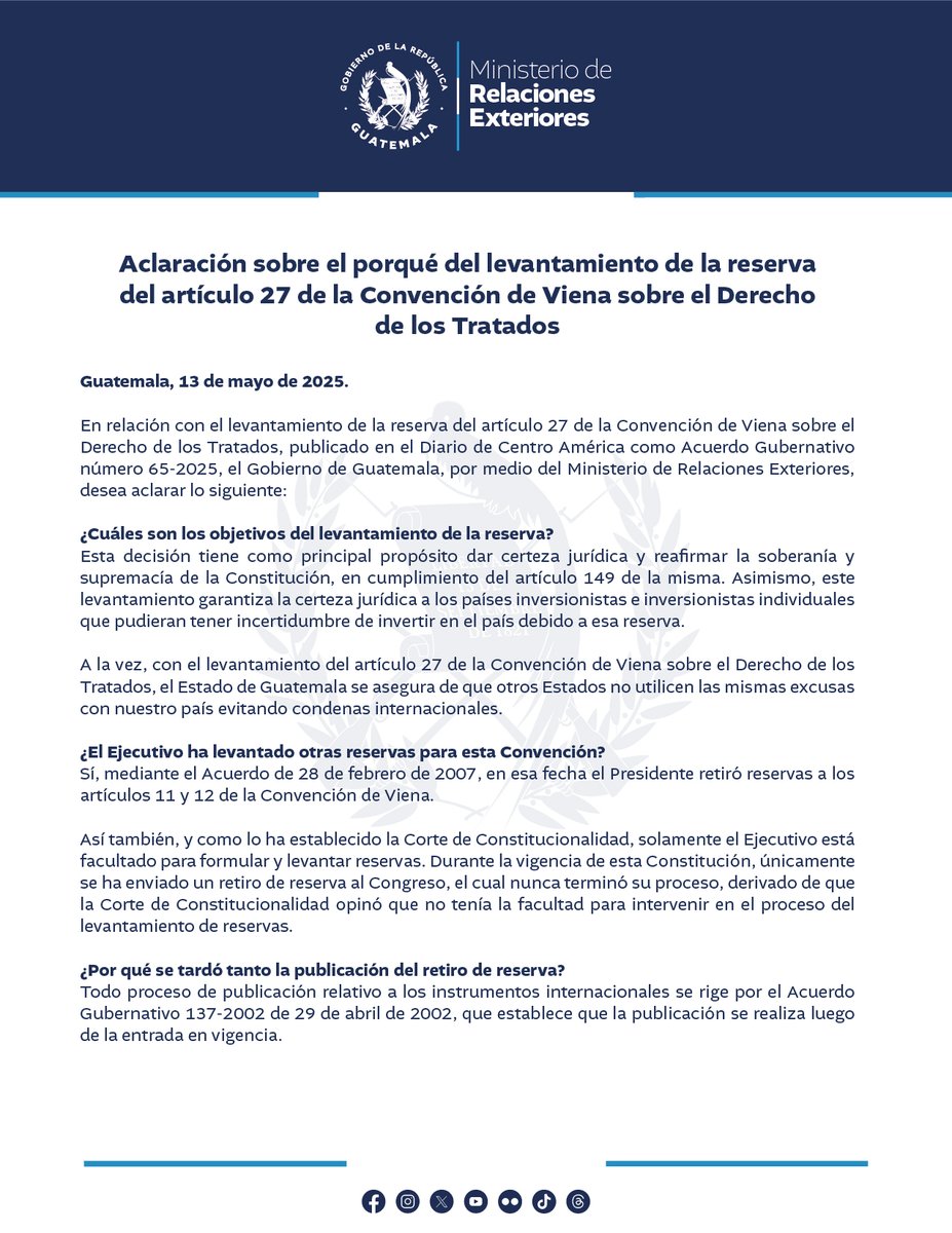 MinexGt's tweet image. Aclaración sobre el porqué del levantamiento de la reserva del artículo 27 de la Convención de Viena sobre el Derecho de los Tratados.

#Comunicado 🔗 bit.ly/3GOdcGf