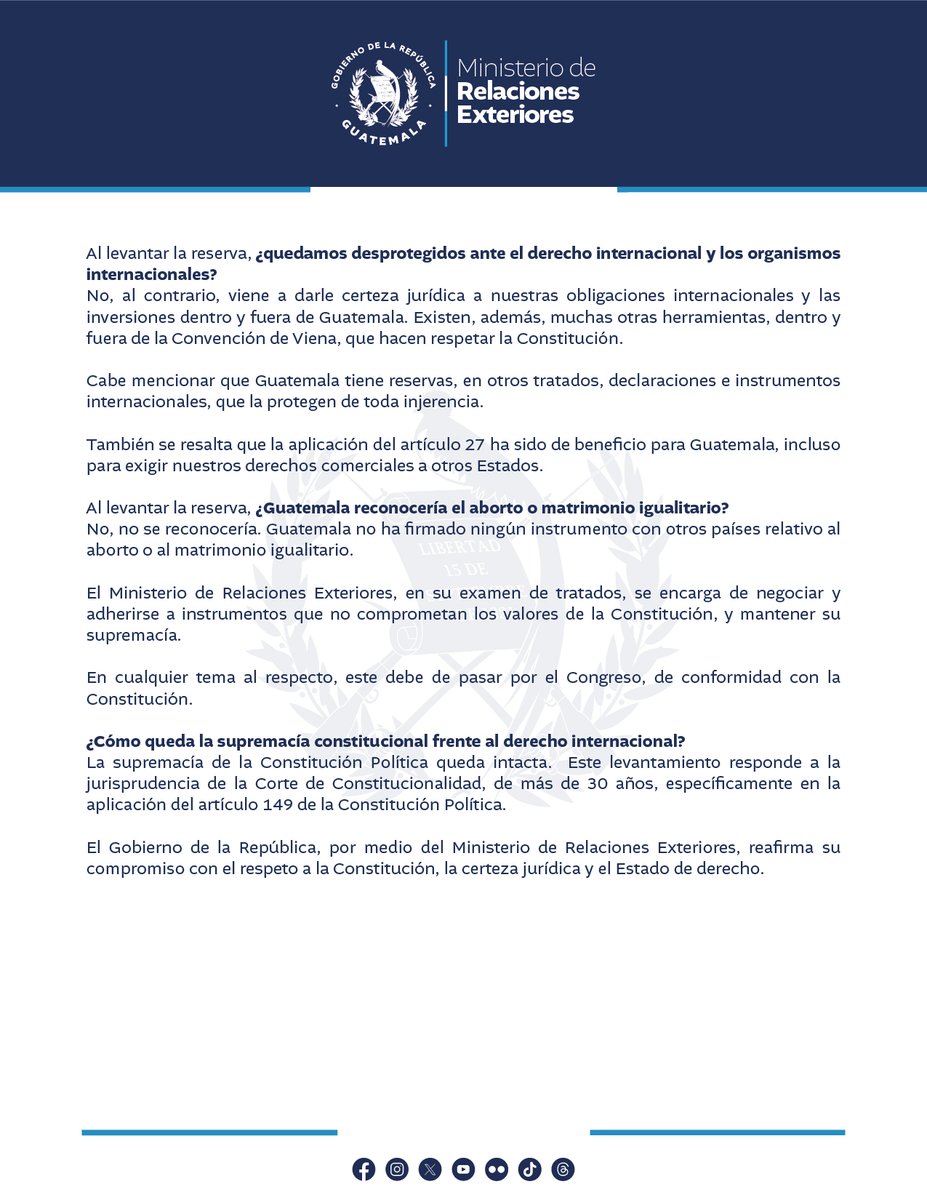MinexGt's tweet image. Aclaración sobre el porqué del levantamiento de la reserva del artículo 27 de la Convención de Viena sobre el Derecho de los Tratados.

#Comunicado 🔗 bit.ly/3GOdcGf