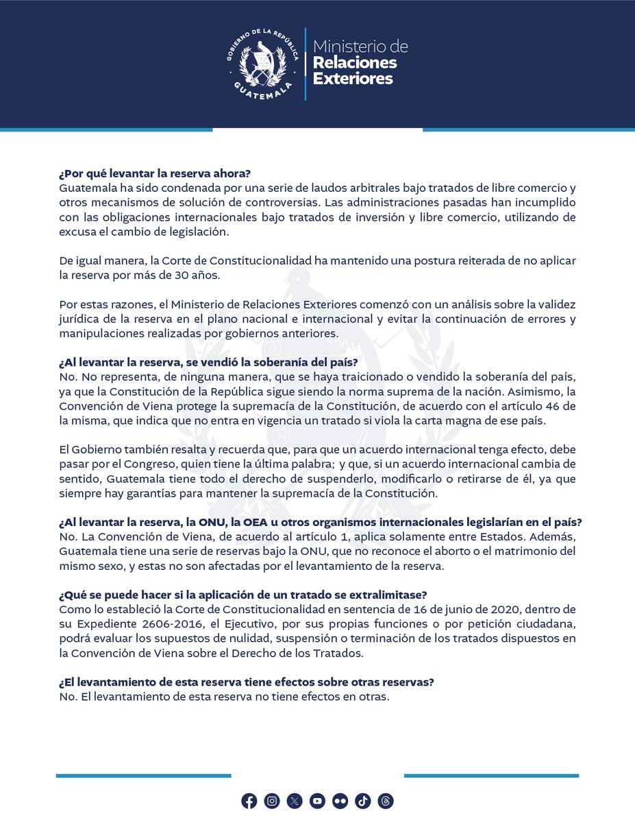 MinexGt's tweet image. Aclaración sobre el porqué del levantamiento de la reserva del artículo 27 de la Convención de Viena sobre el Derecho de los Tratados.

#Comunicado 🔗 bit.ly/3GOdcGf