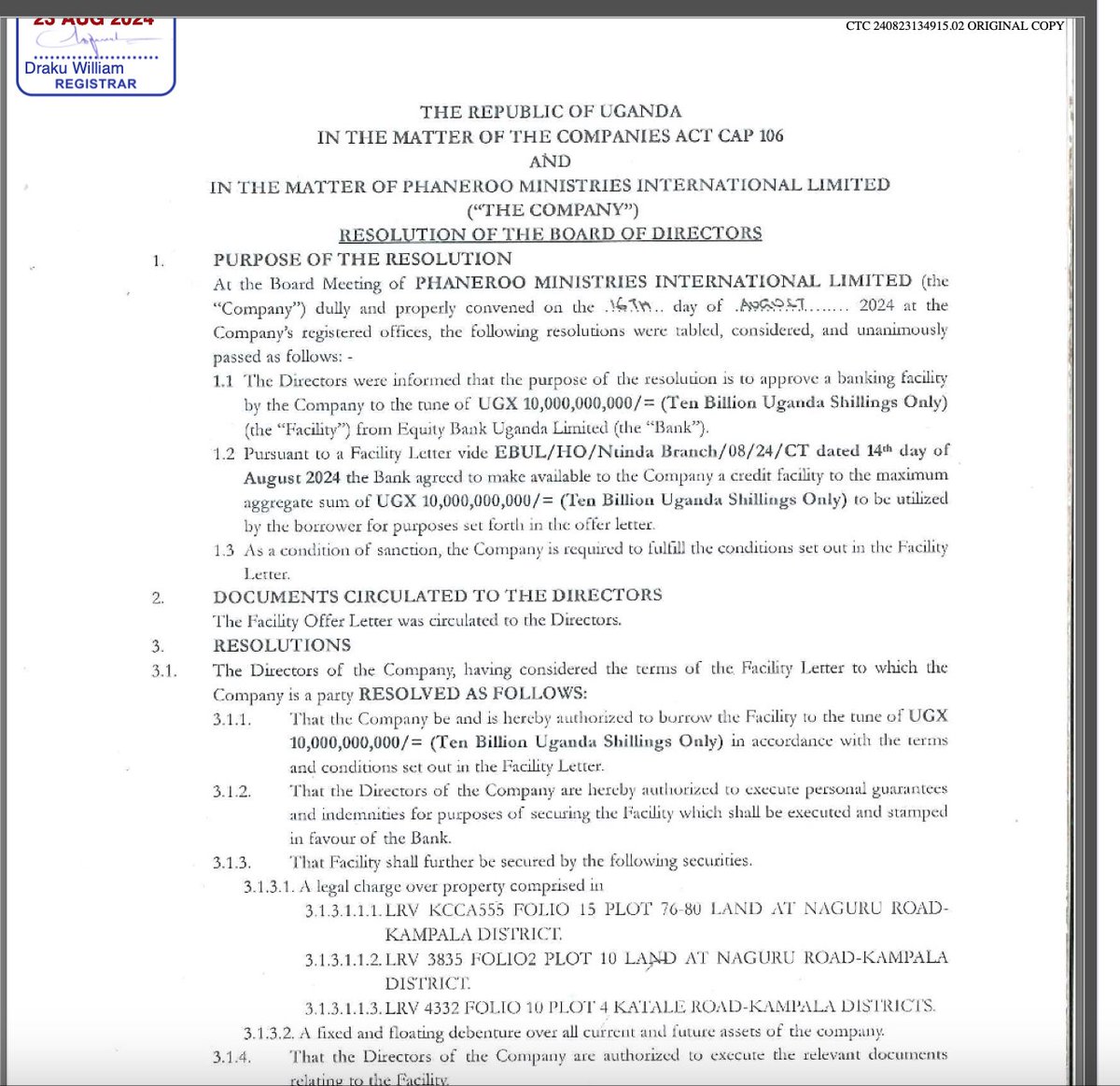 Johnblanshe_m's tweet photo. Money matters. Phaneroo seems to have been on a borrowing spree of recent. There is an 8/2024 resolution to borrow 10bn from Equity Bank. Its signed by Apostle Grace and the wife only. /2 https://t.co/oDph23bHbq