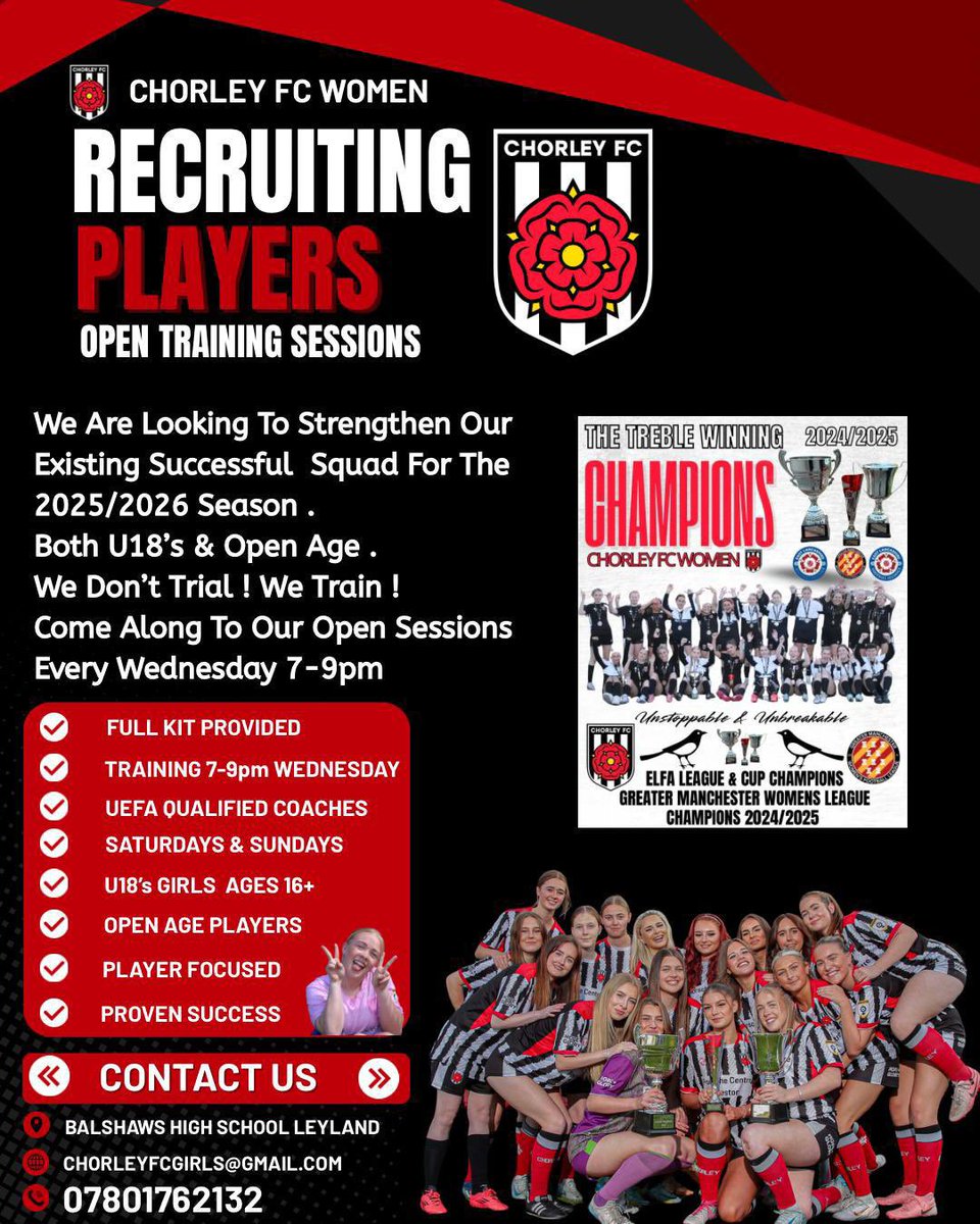 🐦‍⬛CHORLEY FC WOMEN 🐦‍⬛

We are looking to recruit new players to strengthen our existing successful squad for the 2025/2026 season . 
<a href="/GMWFL2011/">GMWFL</a> 
Open Training Sessions have started.
We’d love to hear from you 
Details below 👇🏻 
#BecomeAMagpie

forms.gle/Fm8PgWdmhLRqgr…