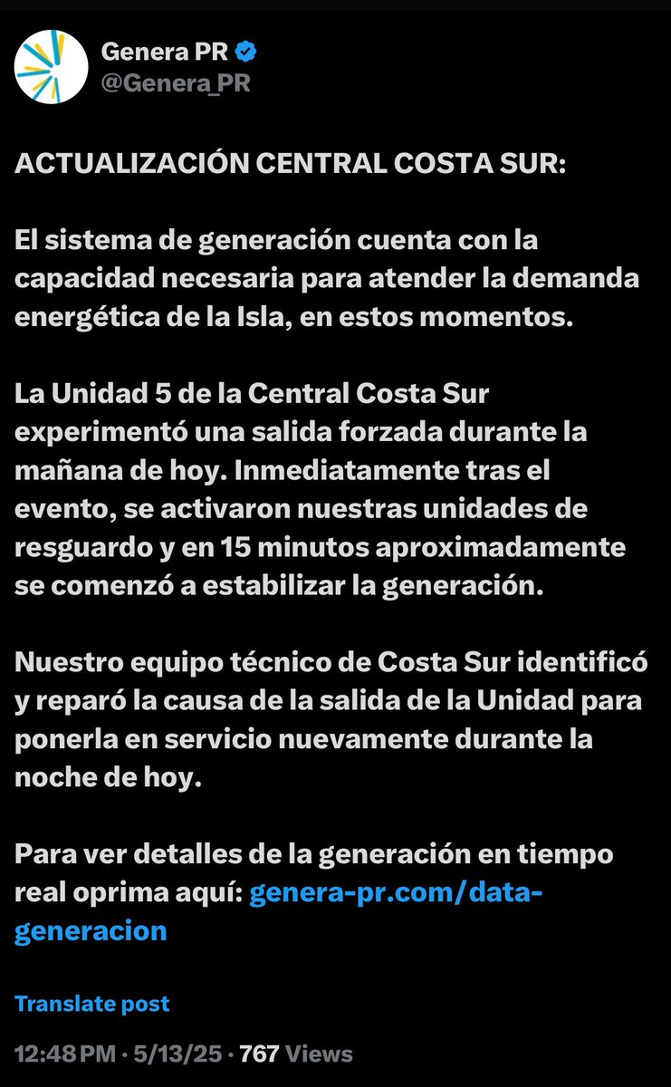 Robby Cortés🇵🇷 (@robbycortes) on Twitter photo La unidad 5 de la Central Costa Sur, que la gobernadora <a href="/Jenniffer/">Jenniffer González</a> anunció hace seis días que había entrado en operación con 350 megavatios, fue la que se cayó esta mañana, provocando un apagón que afectó a más de 120,000 clientes. En el fin de semana también salió de operación. La unidad 5 de la Central Costa Sur, que la gobernadora <a href="/Jenniffer/">Jenniffer González</a> anunció hace seis días que había entrado en operación con 350 megavatios, fue la que se cayó esta mañana, provocando un apagón que afectó a más de 120,000 clientes. En el fin de semana también salió de operación.