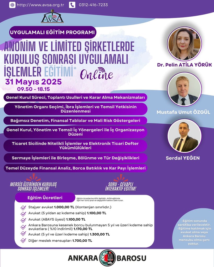 📢 AVSA’dan Uygulamalı Şirketler Hukuku Eğitimi!
📌 Genel kurul, yönetim ve temsil süreçleri,Finansal analiz, birleşme &amp; tür değişiklikleri ve daha fazlası!
🎓 Sertifikalı, kontenjan sınırlı
📲 Kayıt için: t.ly/zSNHg 
#AVSA 
<a href="/ankarabarosu/">Ankara Barosu</a> <a href="/muskoroglu/">Av. Mustafa Köroğlu</a> <a href="/basaksonmez/">başak</a>