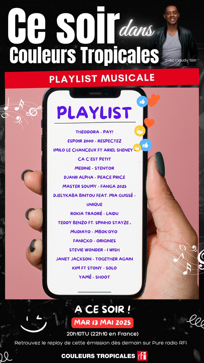 Ce soir dans Couleurs Tropicales: <a href="/Theodora/">Theodora</a> 
<a href="/Espoir_2000/">ESPOIR2000</a>  <a href="/Imilolechanceux/">Imilo Lechanceux</a> #arielsheney 
<a href="/Medinrecords/">Médine</a> <a href="/Realdjaniialfa/">DJANII ALFA</a> #mastersoumy 
<a href="/DjelykabaB_Off/">Djelykaba Bintou Officiel</a> #MiaGuissé <a href="/rokiatraore/">Rokia Traore</a> 
<a href="/teddybenzo3/">TeddyBenzo</a> <a href="/SpinhoStayze/">spinho stayze</a> #Mudiayo 
<a href="/FANiiCKO/">FANICKO Mr OH BEYBEY 😅✌🏾</a> <a href="/StevieWonder/">Stevie Wonder</a>  <a href="/JanetJackson/">Janet Jackson</a>  #kim <a href="/Stony_Musik/">STONY Officiel</a> #Yamê