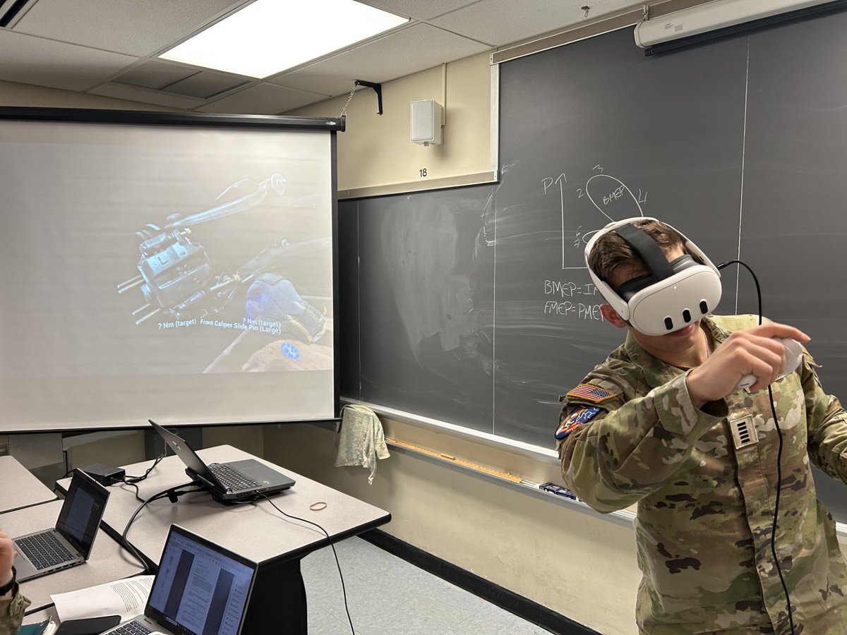 Automotive Engineering 🤝 Virtual Reality

Cadets are leveling up with VR instruction:
🔧 Hands-on experience/no lab mess
👀 High-res 3D engine views
🛠️ Real-time virtual repairs, projected for class learning

Powered by a high-performance laptop from the USMA Simulations Center.