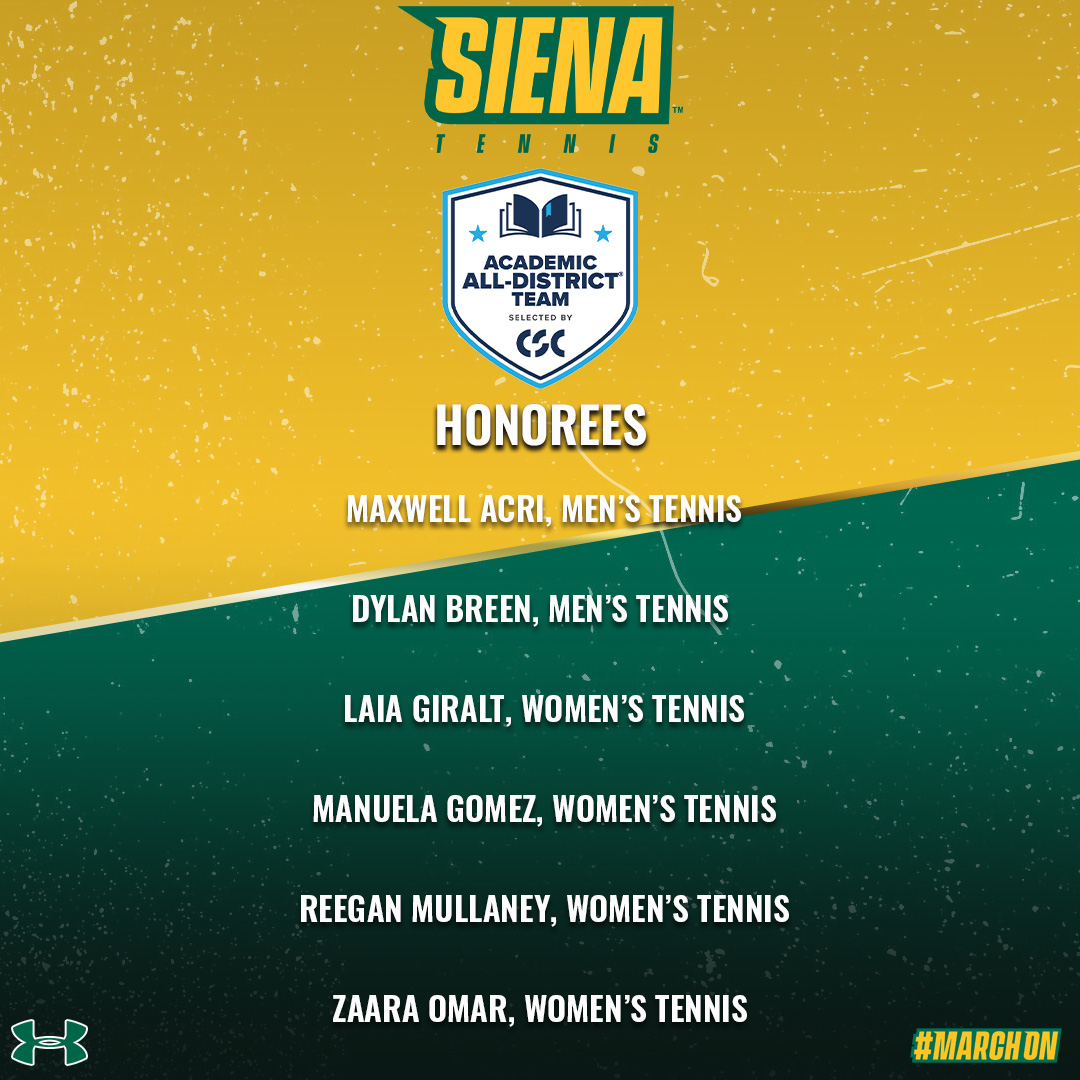 🎾 📚 🧠 Six Student-Athletes from <a href="/SienaMTennis/">Siena Men's Tennis</a>, <a href="/SienaWTennis/">Siena Women's Tennis</a> Named to <a href="/CollSportsComm/">College Sports Communicators</a> Academic All-District Teams  

📰 shorturl.at/E84oN

#MarchOn x #SienaSaints x #MAACTennis x #NCAATennis
