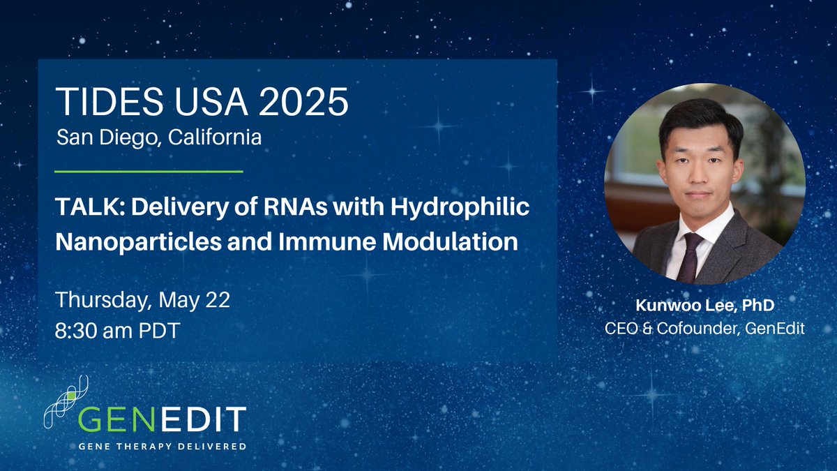 Our CEO &amp; Cofounder Kunwoo Lee will speak at #TIDESUSA next week, highlighting GenEdit’s NanoGalaxy® platform for tissue-specific RNA delivery and immune modulation.

Session info: informaconnect.com/tides/speakers…

Learn more: genedit.com/science/

#geneticmedicines #autoimmunedisease