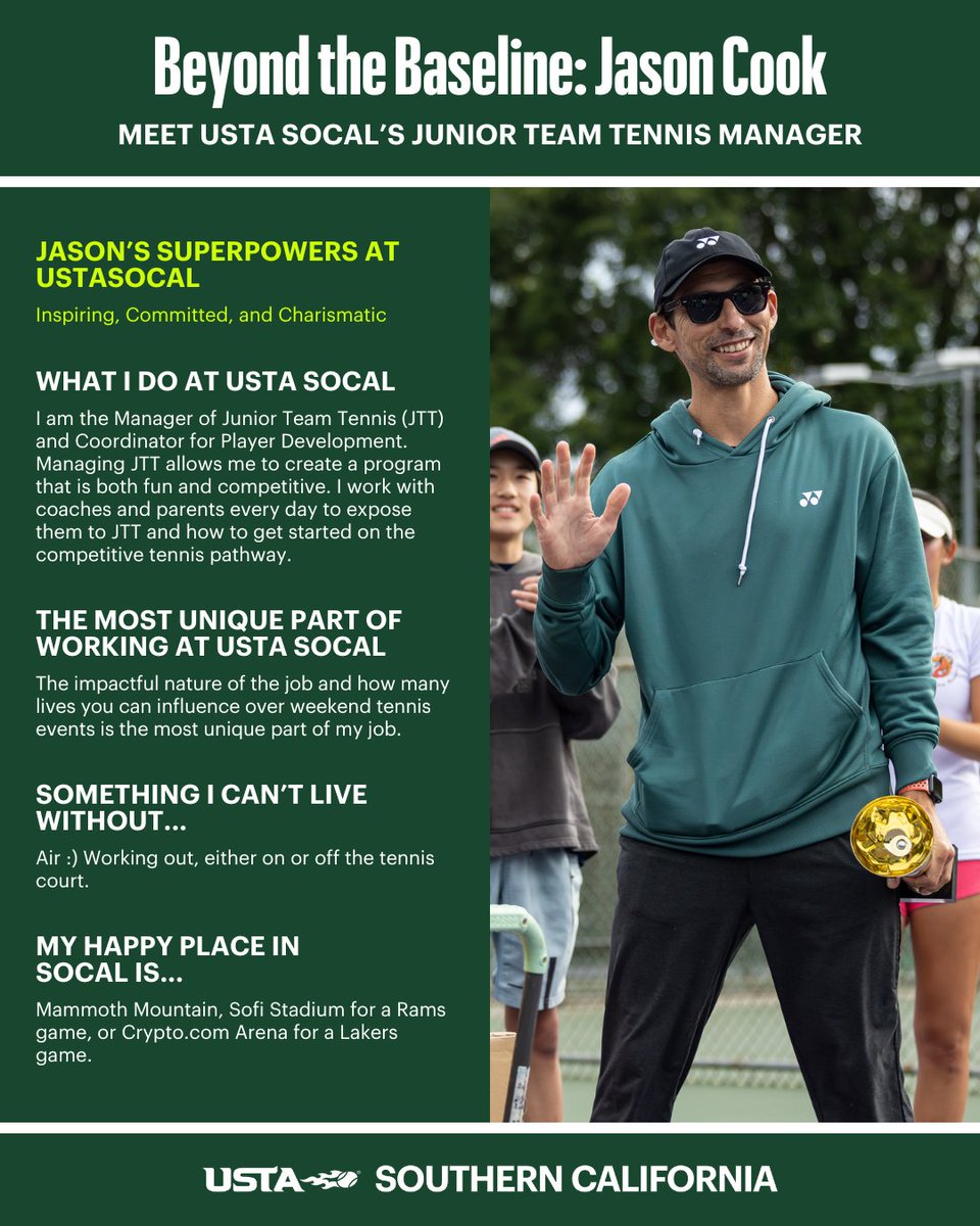 🌟Staff Spotlight: Jason Cook, Junior Team Tennis Manager!

Inspiring, committed, and charismatic. Jason’s done it all in the tennis world—player, coach, leader, and all-around great guy shaping the future of SoCal tennis!

Learn more about Jason: ustasocal.com/news/beyond-th…