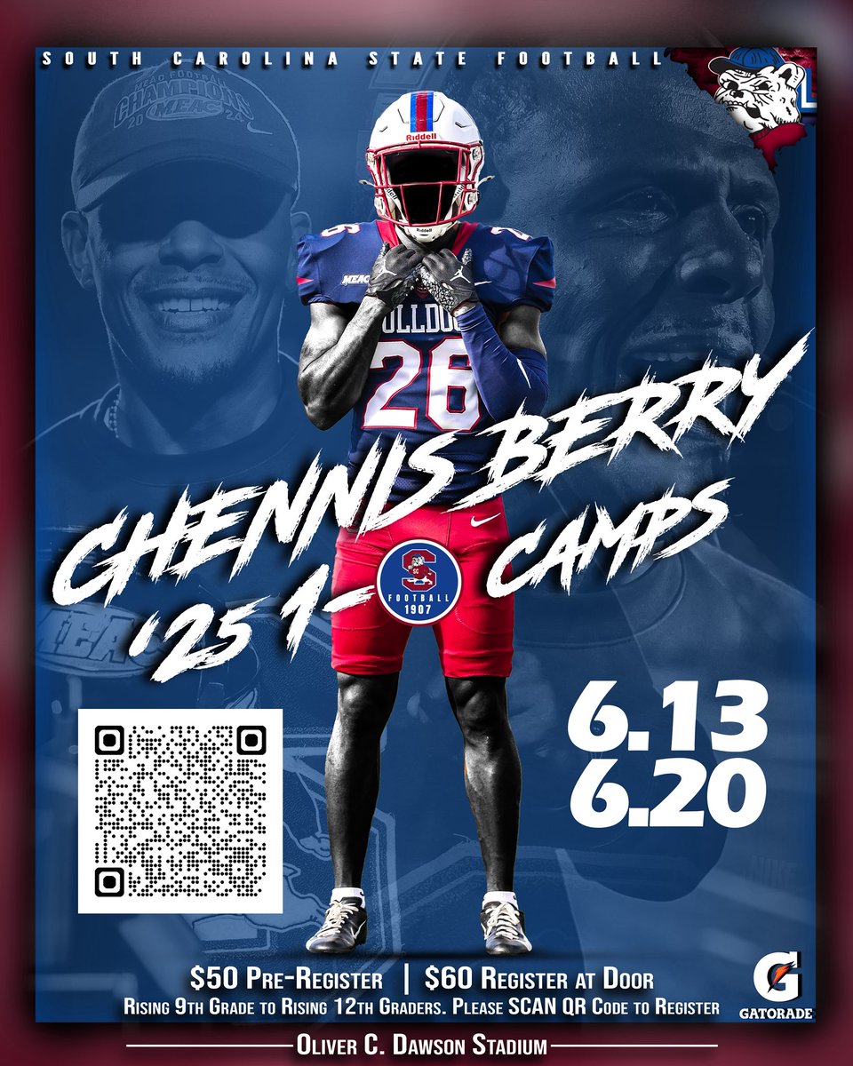 South Carolina State Football (@scstate_fb) on Twitter photo #GoDogs
The Dates for our HIGH SCHOOL CAMPS are now Open and Available to sign up!
For RISING 9th Graders to RISING 12th Graders!
CLICK LINK to SIGN UP
<a href="/SCStateAthletic/">SC State Athletics</a> <a href="/coachberry77/">Chennis Berry</a> <a href="/MEACSports/">Mid-Eastern Athletic Conference</a>
#PayTheFEE
#DigDEEP
#FearTheBITE
#CWCW
#BBB
🔴🔵🐶🏈
southcarolinastatefootballcamps.com/chennis-berry-… #GoDogs
The Dates for our HIGH SCHOOL CAMPS are now Open and Available to sign up!
For RISING 9th Graders to RISING 12th Graders!
CLICK LINK to SIGN UP
<a href="/SCStateAthletic/">SC State Athletics</a> <a href="/coachberry77/">Chennis Berry</a> <a href="/MEACSports/">Mid-Eastern Athletic Conference</a>
#PayTheFEE
#DigDEEP
#FearTheBITE
#CWCW
#BBB
🔴🔵🐶🏈
southcarolinastatefootballcamps.com/chennis-berry-…