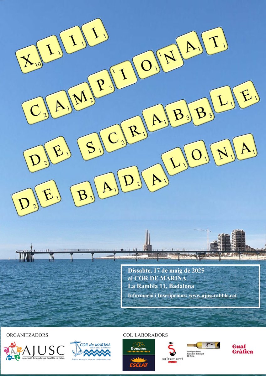 🔤 Aquest dissabte 17/5 arriba el 13è Campionat de Scrabble de Badalona!

🎲 6 rondes, bons premis i bon rotllo!

📍 Cor de Marina, Badalona

🍽 Dinar de grup opcional

📌 Inscripcions obertes a: ajuscrabble.cat/events/13e-cam…

T’hi apuntes? 💥

#Badalona #ScrabbleEnCatalà #ScrabbleCAT