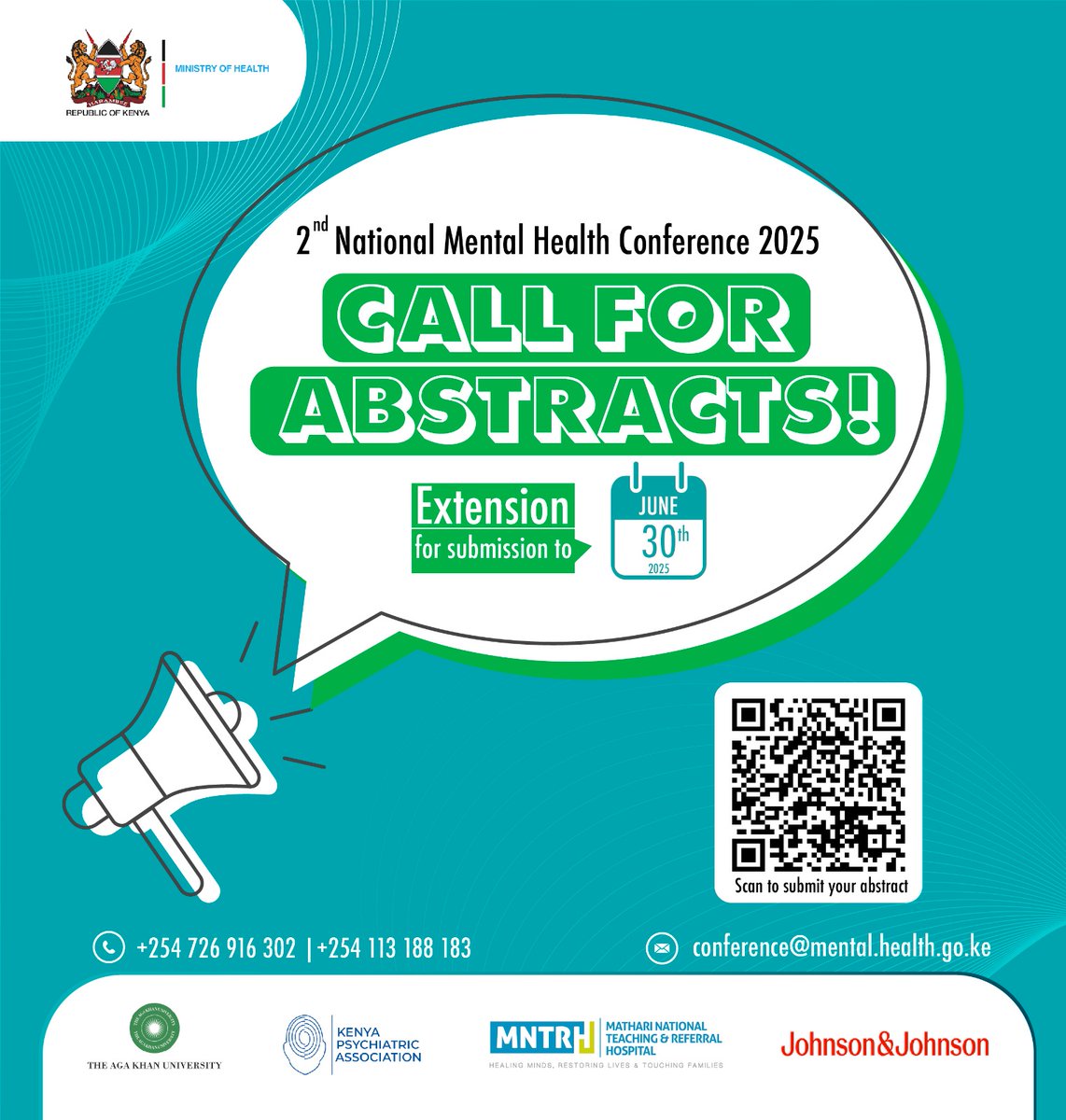 Mental Health Kenya (@mohmentalhealth) on Twitter photo The call for abstracts for the 2nd National Mental Health Conference 2025 has been extended! 
Submit your abstract by the new deadline: 30th June 2025. 
Submission link-mentalhealth.conference.co.ke/abstracts_page The call for abstracts for the 2nd National Mental Health Conference 2025 has been extended! 
Submit your abstract by the new deadline: 30th June 2025. 
Submission link-mentalhealth.conference.co.ke/abstracts_page
