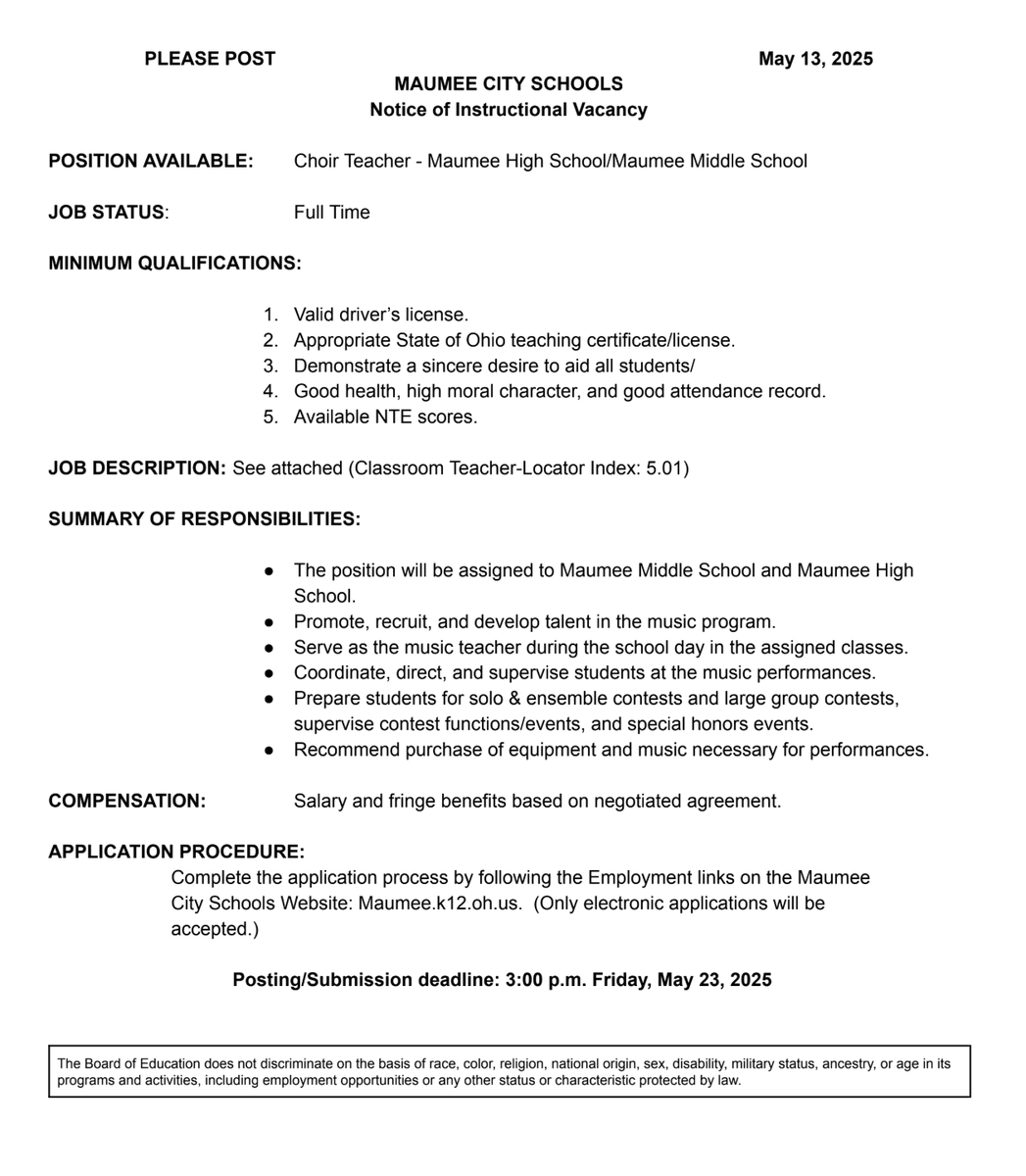 maumee_schools's tweet photo. WE ARE HIRING:  Choir Teacher 
Maumee Middle School/Maumee High School  

Job begins at the start of 2025-26 school year. 

Apply online and read the complete job description here:  https://t.co/1yE6URbVip https://t.co/4rJLhSleuG