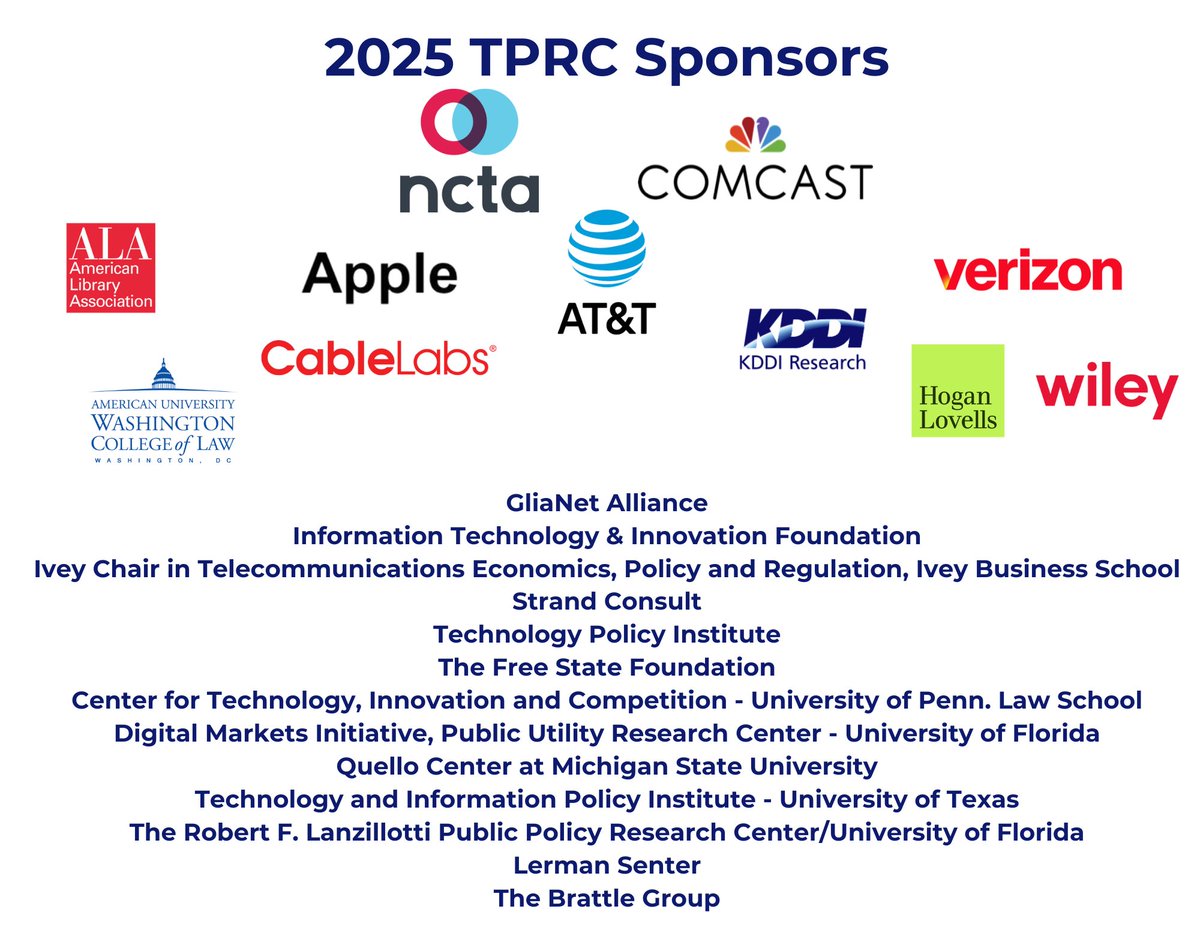 🙏 Huge thanks to our sponsors! Their support makes it possible to host a world-class #techpolicy research conference every September. Want to join them? Learn more about becoming a TPRC sponsor: tprcweb.com/sponsors #TPRC