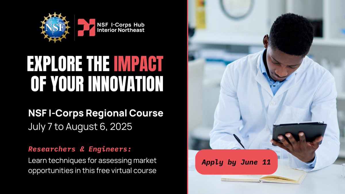 INicorps's tweet image. #STEM research makes the world a better place, and #icorps helps innovators explore practical applications for their tech. In this free virtual course July 7 to August 6, researchers will learn how to evaluate their product-market fit. 💡 Apply by June 11: bit.ly/4jdWrT9