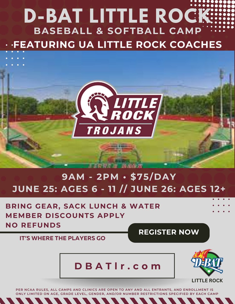 D-BAT Little Rock x UALR ⚾🥎🔥 Join us for an All-Aspects Baseball &amp; Softball Camp for all ages! Covering hitting, fielding, pitching, and base running. 💪 Register at DBATlr.com #ItsWhereThePlayersGo