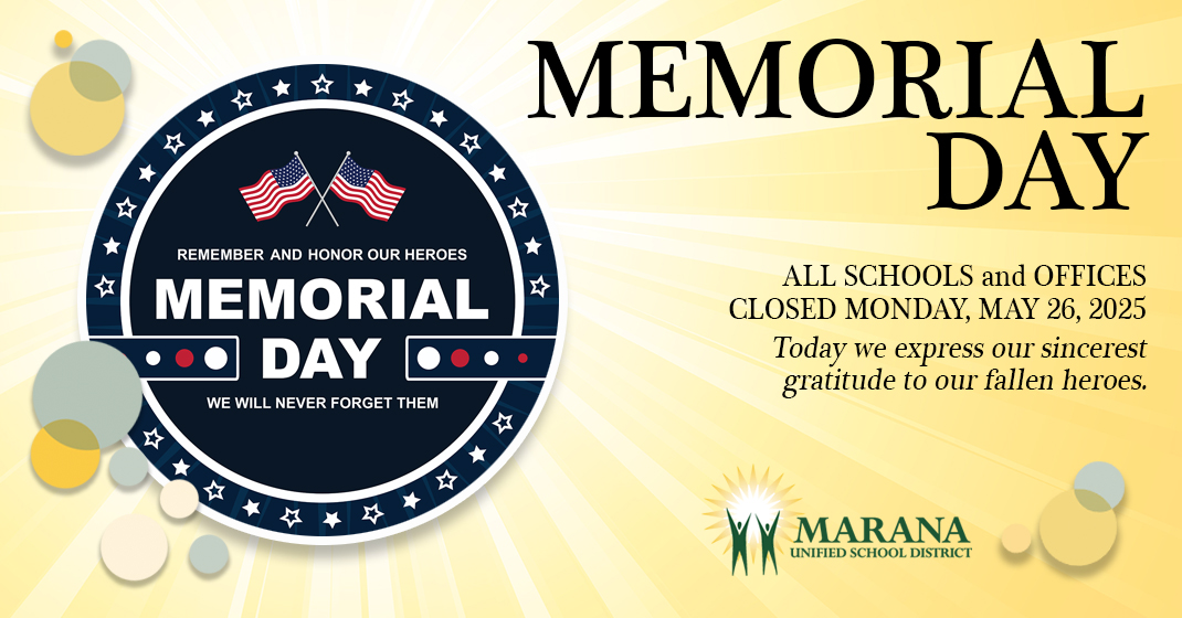 All schools and offices are closed Monday, May 26, 2025. Today we express our sincerest gratitude to our fallen heroes. For #maranaschools school year calendar visit maranausd.org/parent-tools/d…  and for class start/dismissal times, please visit maranausd.org/parent-tools/s…