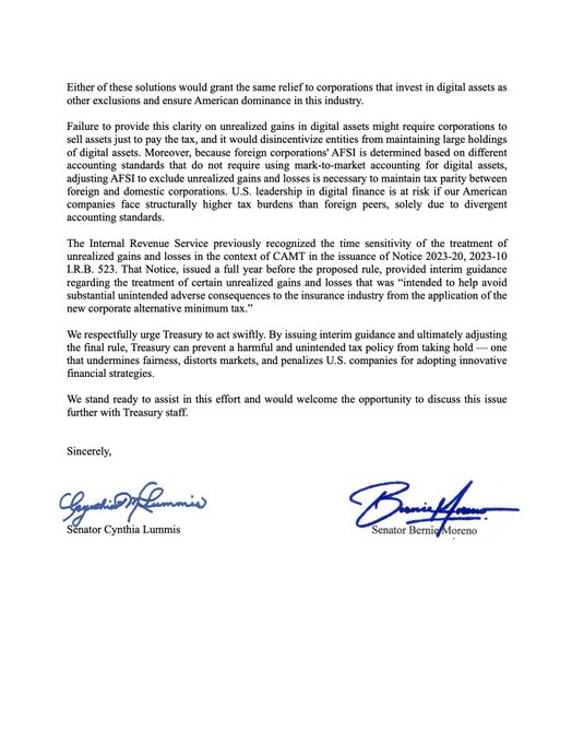 🇺🇸Senator Lummis and Senator Bernie Moreno team up to urge the US Treasury to scrap the tax on unrealized gains for digital assets like #Bitcoin.

A move that could be a game-changer for the industry.