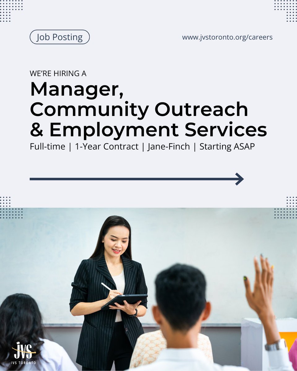 JVSToronto's tweet image. Are you a skilled #programmanager with a passion for #communityoutreach and #youthemployment? JVS Toronto is hiring a #Manager of #CommunityOutreach and #EmploymentServices to lead impactful programming at Jane-Finch. Apply now: jvstoronto.org/careers/
#JVSToronto