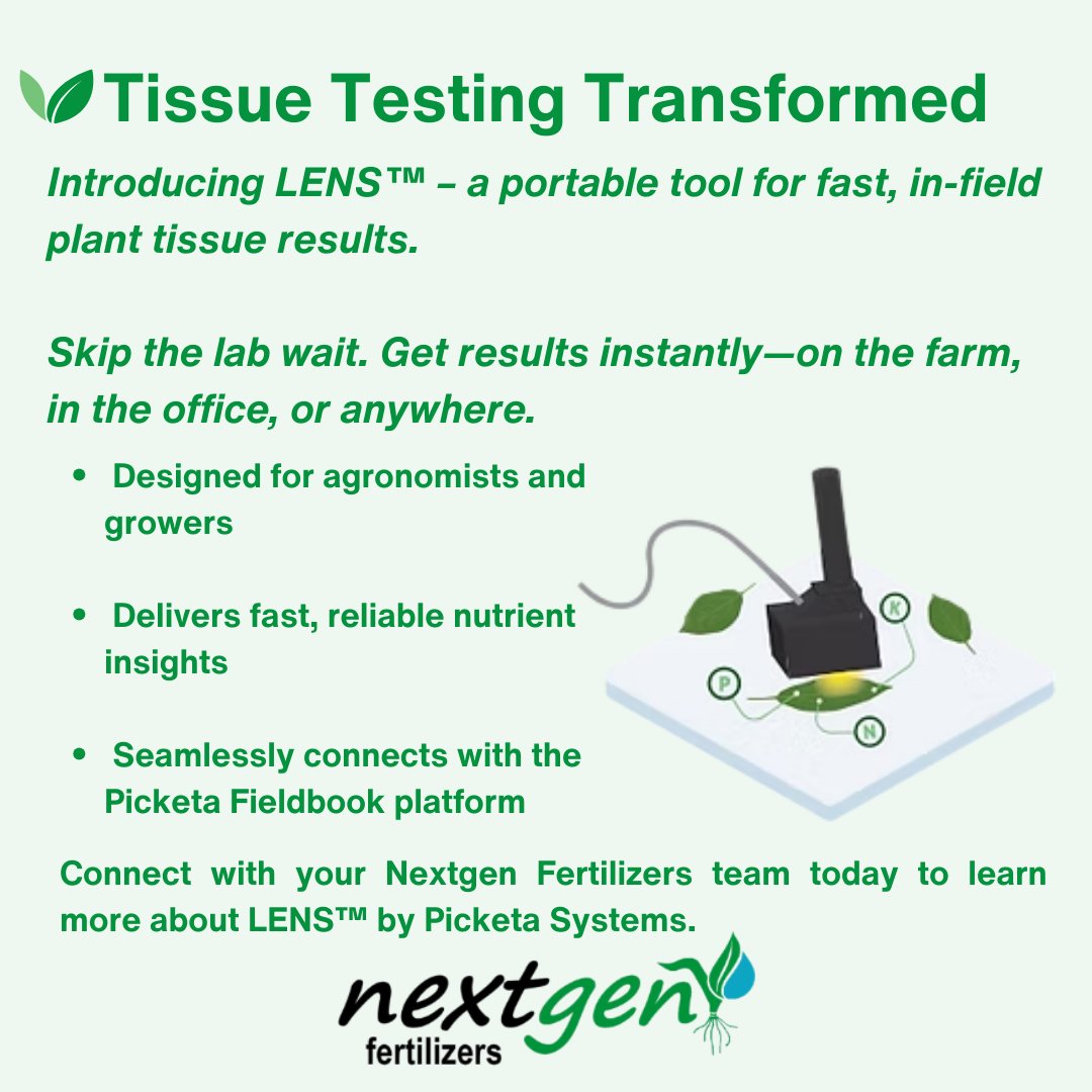 🌽 Tissue Testing, Transformed. 🌽

Meet LENS™ – portable, in-field tissue analysis.

✅ Fast, reliable nutrient insights
✅ No lab wait times
✅ Fully integrated with Picketa Fieldbook

📩 Contact Nextgen Fertilizers to learn more!
#NextgenFertilizers #NutrientManagement