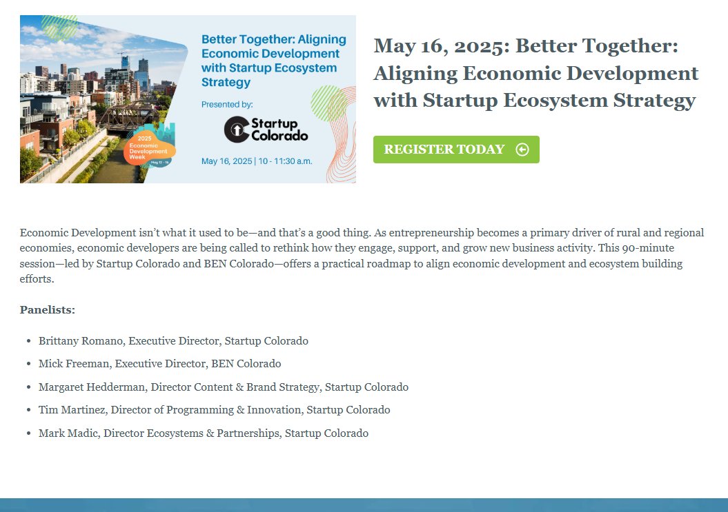 This 90-minute session—led by Startup Colorado and BEN Colorado—offers a practical roadmap to align economic development and ecosystem building efforts.
Economic Development Week Webinars: ow.ly/tbAz50VRUC7