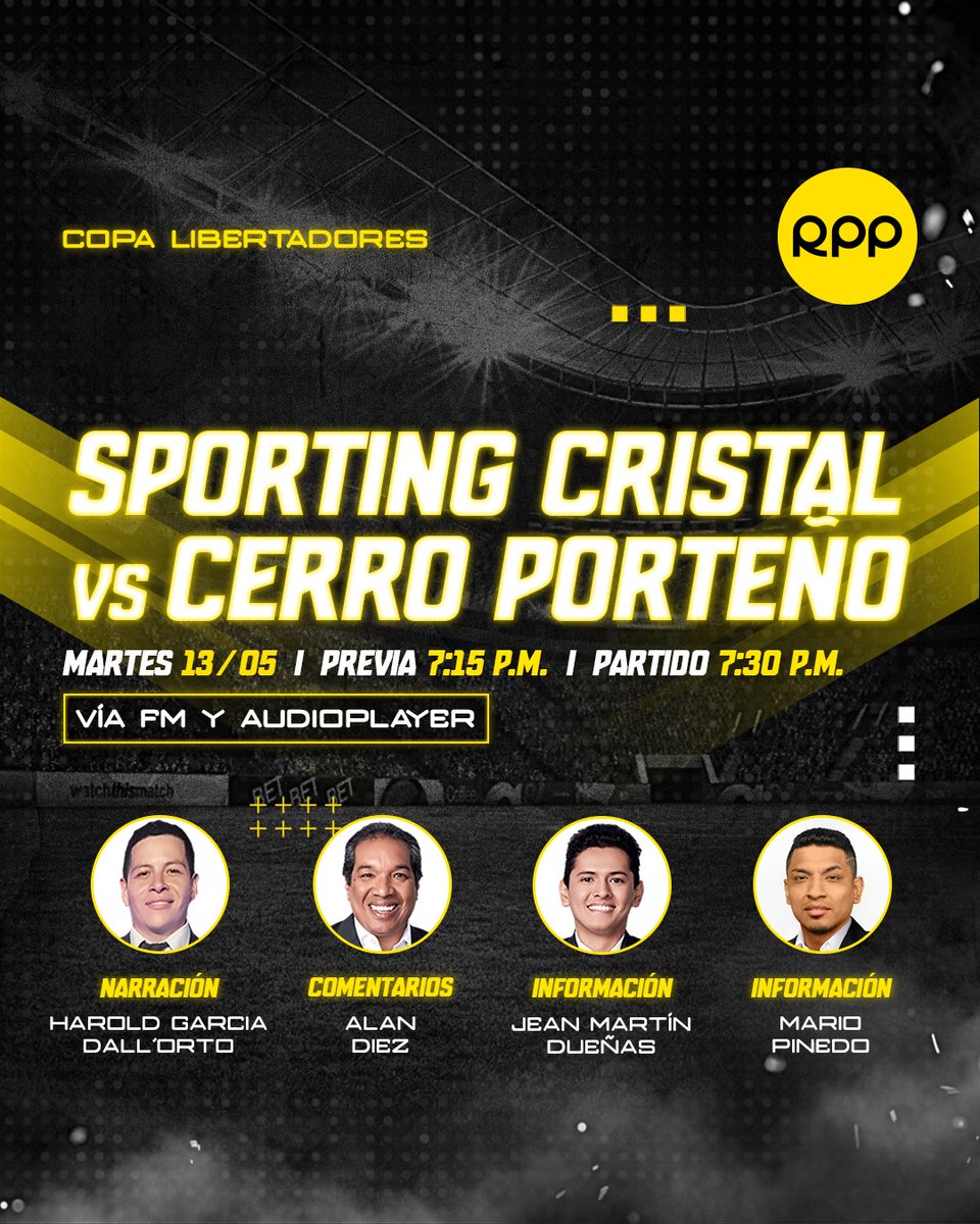 💥⚽ ¡TODO O NADA!
Sporting Cristal se juega su pase a los octavos de final de la Copa Libertadores frente a Cerro Porteño en un partido vibrante. <a href="/RPPDeportes/">Fútbol Como Cancha - Oficial</a> 
¿Quién ganará? ¡Te leemos en los comentarios! 👇

⏰ Hoy, desde las 7:15 p. m.
🎙️ <a href="/haroldgad/">Harold García</a>, <a href="/ADiezGol/">Alan Diez Vasquez</a>, <a href="/JeanMartinD/">Jean Martin Dueñas</a> y