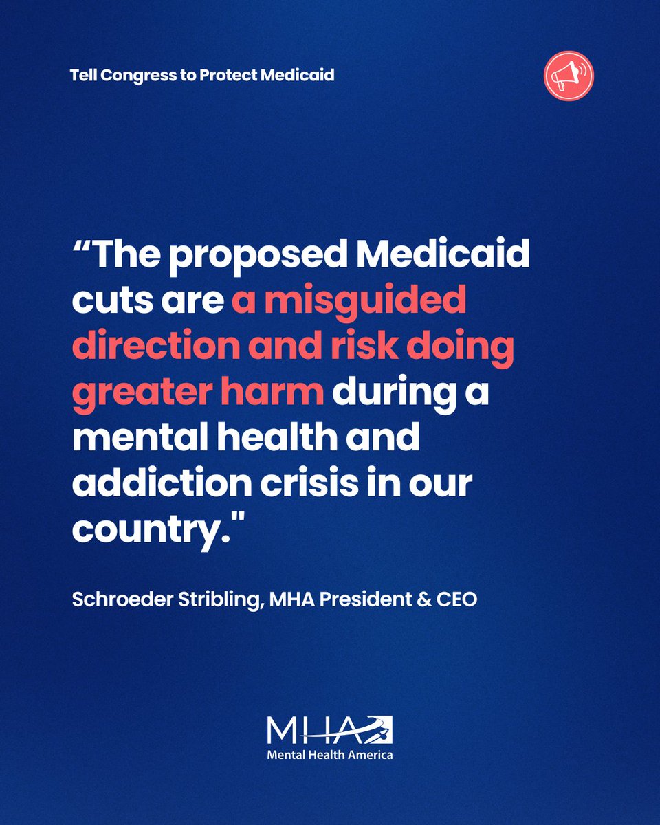 MentalHealthAm's tweet image. 🚨 Recent #Medicaid proposals make one thing clear: Congress is still trying to cut mental health care for millions of Americans.

Take action to #ProtectMedicaid: mhanational.salsalabs.org/nomedicaidcuts

Read MHA's full statement: mhanational.org/news/mental-he…