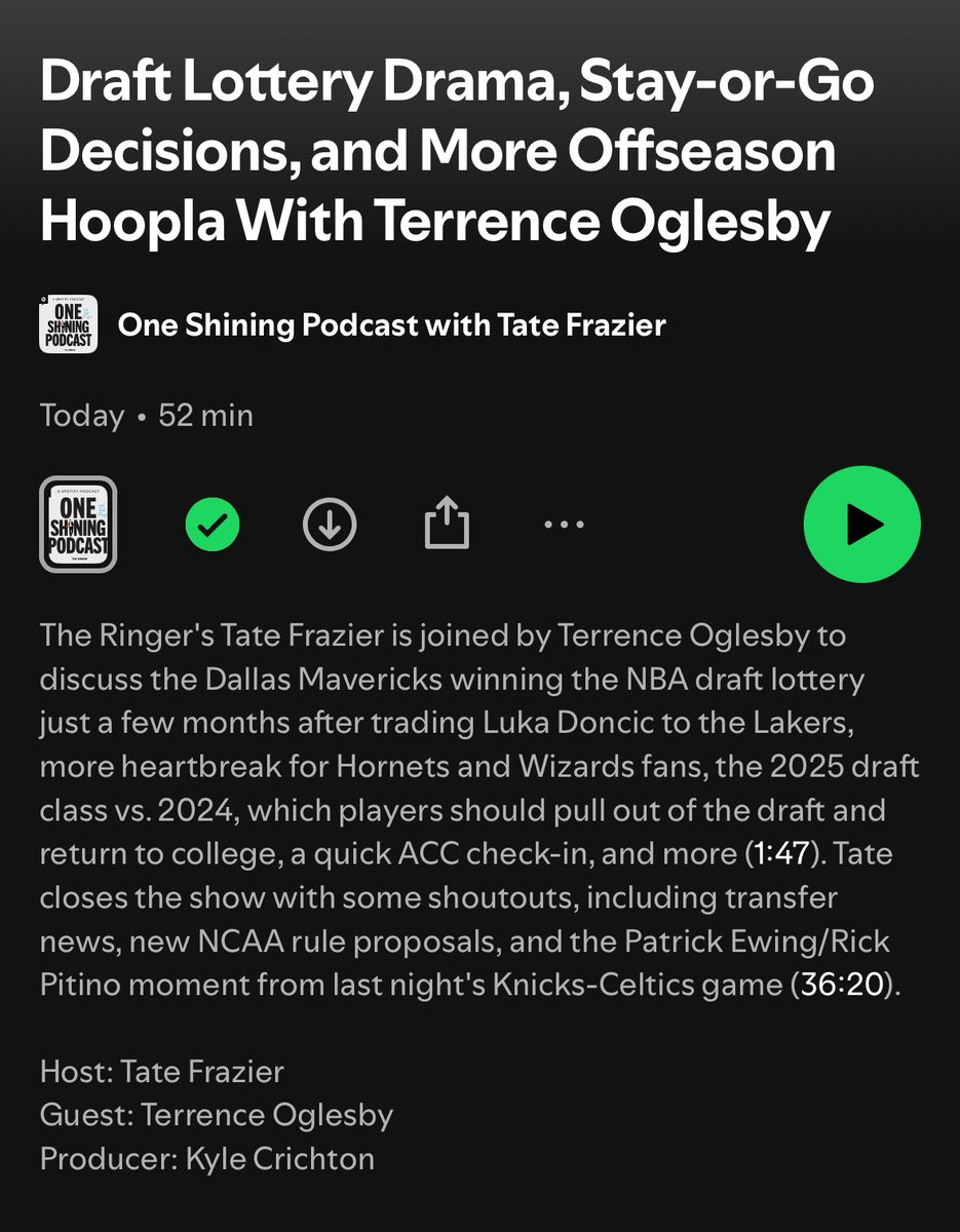 New <a href="/oneshiningpod/">OSP</a> discussing the NBA draft lottery drama, the million plus reasons why players are going back to college, the curse of the Bobcats, offseason ACC Basketball moves, and more with <a href="/T_Oglesby22/">Terrence Oglesby</a>! 

Listen: open.spotify.com/episode/6k2Hiy…