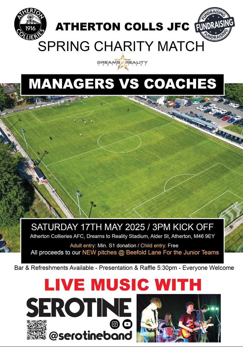 This Saturday we host our annual junior section Managers vs Coaches charity match at the Dreams2Reality Stadium 🏁

All proceeds will go towards our new junior facilities &amp; pitches on Beefold Lane 🎟️

🍻 Bar Open
🎶 Live Music from Serotine
🤞 Raffle prizes available