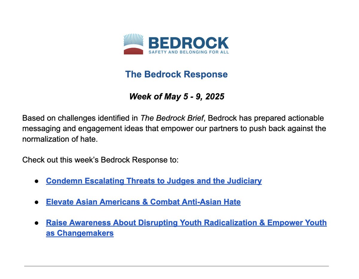 MBBI's partner, Bedrock has prepared actionable messaging and engagement ideas that empower us to push back against the normalization of hate. docs.google.com/document/d/1Fr…

Check out this week’s Bedrock Response to Escalating Threats to Judges, Anti-Asian Hate, and Empowering Youth