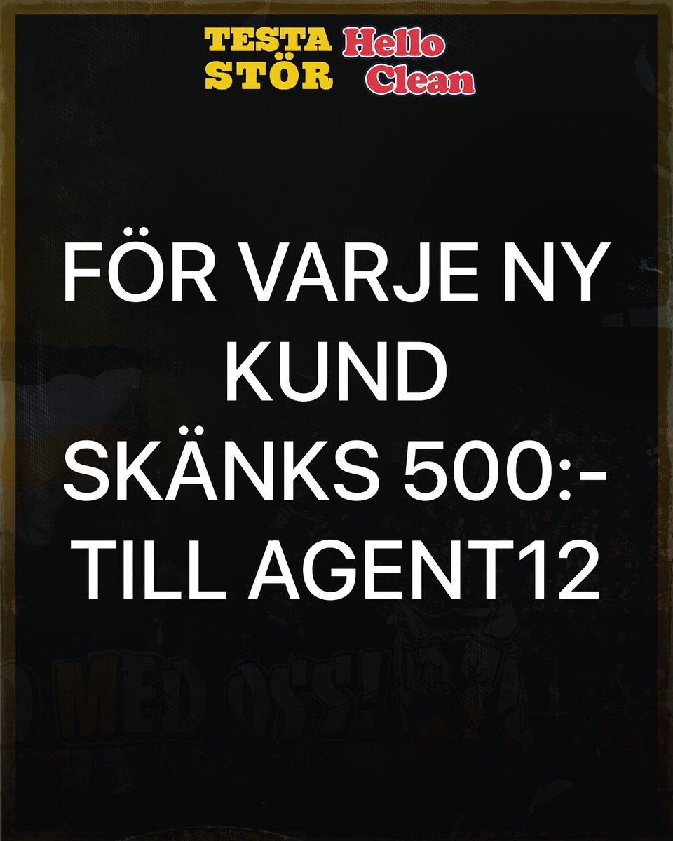 ⚫️🟡🏠 Få ett skinande rent hem &amp; stötta AIK! 

Tillsammans med Hello Clean har vi kampanjen där du &amp; AIK vinner. För varje ny kund skänker Hello Clean 500:- till <a href="/agent12se/">Agent12</a> 

In på helloclean.se och uppge koden ”testarent” för att hjälpa dig själv OCH hjälpa AIK!