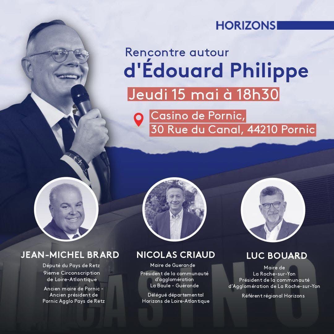 Xavier Fournier 🇨🇵🇪🇺🧂 (@xavierfournier) on Twitter photo 🔵⚪️ Jeudi, <a href="/EPhilippe_LH/">Edouard Philippe</a> est en Loire-Atlantique #Guérande #Pornic !
Nous vous attendons nombreux au Casino de Pornic autour de <a href="/JeanMichelBRAR1/">Jean-Michel BRARD</a>, de <a href="/NicolasCriaud/">Nicolas Criaud</a> et en présence de <a href="/C_MORANCAIS/">Christelle MORANÇAIS</a> et de <a href="/Lucbouard/">Luc_Bouard</a> !
<a href="/HorizonsLeParti/">Horizons</a> 🔵⚪️ Jeudi, <a href="/EPhilippe_LH/">Edouard Philippe</a> est en Loire-Atlantique #Guérande #Pornic !
Nous vous attendons nombreux au Casino de Pornic autour de <a href="/JeanMichelBRAR1/">Jean-Michel BRARD</a>, de <a href="/NicolasCriaud/">Nicolas Criaud</a> et en présence de <a href="/C_MORANCAIS/">Christelle MORANÇAIS</a> et de <a href="/Lucbouard/">Luc_Bouard</a> !
<a href="/HorizonsLeParti/">Horizons</a>