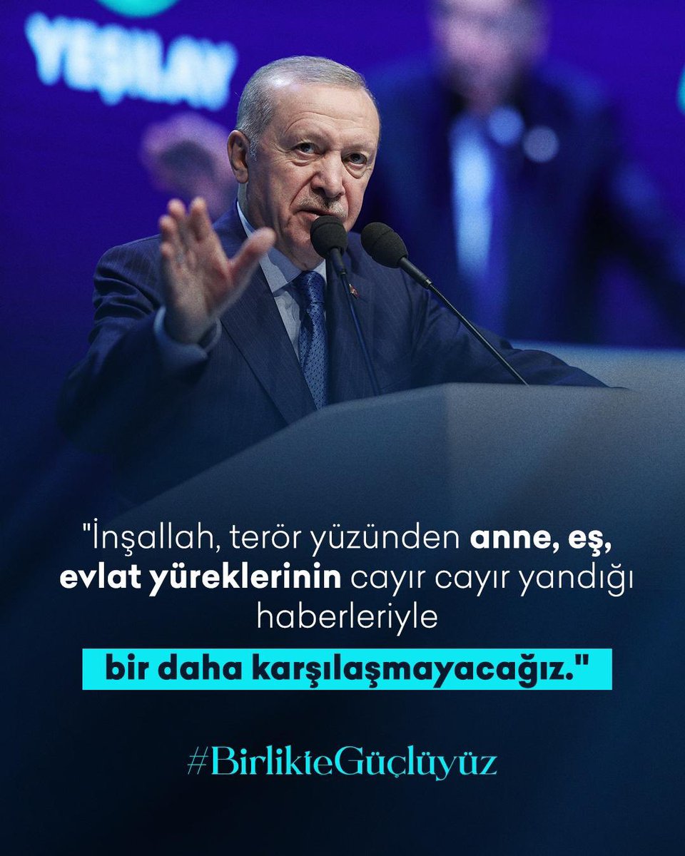 Cumhurbaşkanımız Recep Tayyip Erdoğan:

"Fiilen biten terörün kalan gölgesinin de bu şekilde üzerimizden kalkmasıyla, 86 milyon hep birlikte aynı ortak hayallere, aynı ortak hedeflere, aynı ortak değerlere sahip bir şekilde geleceğe yürüyeceğiz."

#BirlikteGüçlüyüz