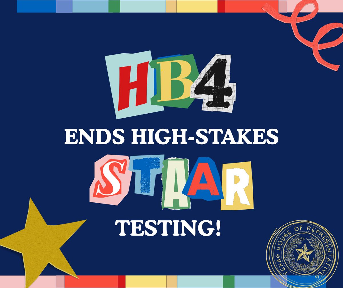 We just ended the STAAR test.

HB 4 replaces it with a system that puts kids first, teachers back in charge, and accountability where it belongs.

Less stress, more learning.