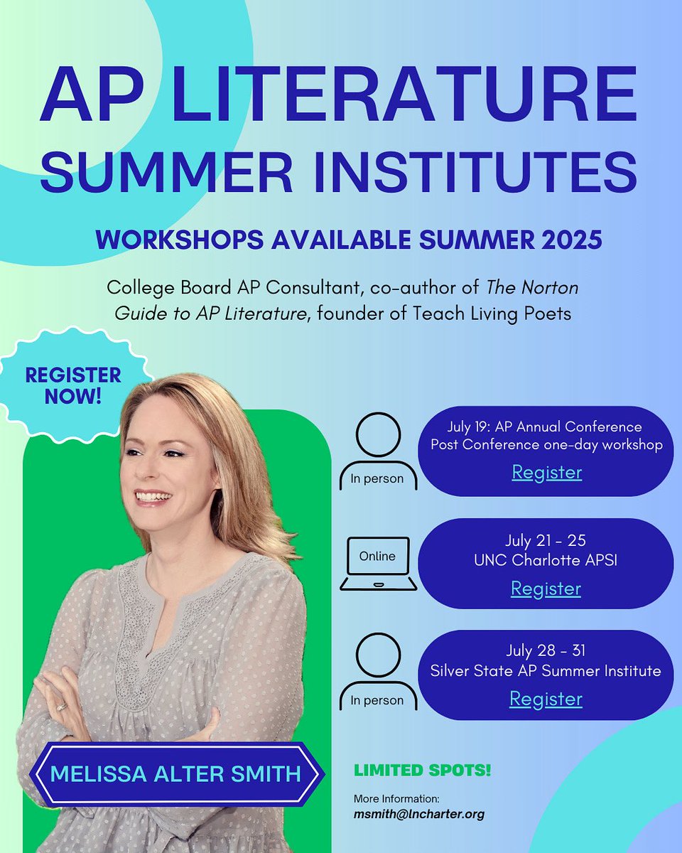 Melissa Smith #TeachLivingPoets (@melaltersmith) on Twitter photo I’ll be leading 3 #aplit workshops this summer
👩🏼🏫 APAC one-day workshop (in person) in Boston July 19 eventreg.collegeboard.org/event/29cea980…
👩💻UNC Charlotte online APSI July 21-25
cstem.charlotte.edu/pk-20-educator…
👩🏼🏫 Silver State APSI (in person) in Las Vegas July 28-31 sites.google.com/a/nv.ccsd.net/… I’ll be leading 3 #aplit workshops this summer
👩🏼🏫 APAC one-day workshop (in person) in Boston July 19 eventreg.collegeboard.org/event/29cea980…
👩💻UNC Charlotte online APSI July 21-25
cstem.charlotte.edu/pk-20-educator…
👩🏼🏫 Silver State APSI (in person) in Las Vegas July 28-31 sites.google.com/a/nv.ccsd.net/…