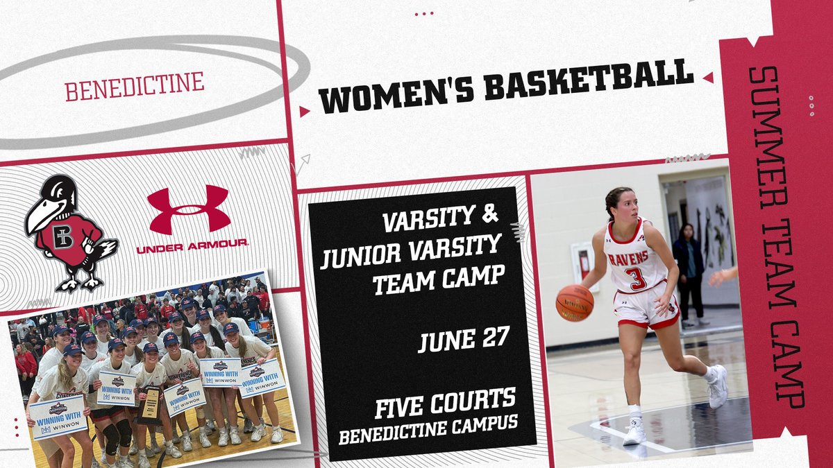 Attention High School Coaches:   Benedictine Team Camp is set for June 27th!
Varsity and Junior Varsity teams are welcome. Sign up by May 20th for a discount!
Follow the link for more information:  ravenathletics.com/sports/wbkb/20…