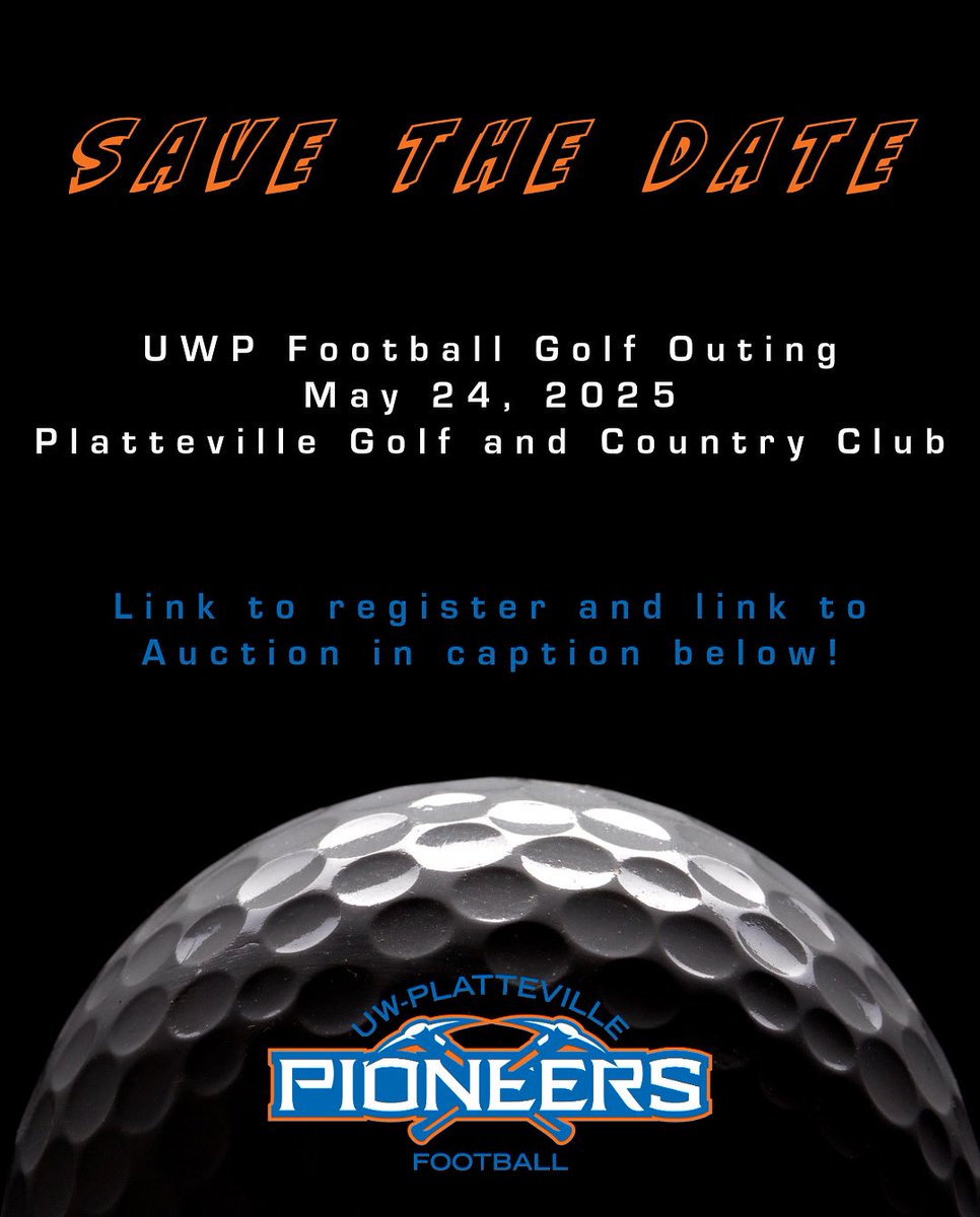 UW-Platteville Football (@uwplattfootball) on Twitter photo There is still time to sign up for the 2025 Football Golf Outing. New items are being added daily to the Auction! It will close May 25th after the Golf Outing. See links below!⛳️
Registration: letsgopioneers.com/Register/Footb…
Auction: new.biddingowl.com/PioneerFootball
#wiac #pioneers #swingtheaxe There is still time to sign up for the 2025 Football Golf Outing. New items are being added daily to the Auction! It will close May 25th after the Golf Outing. See links below!⛳️
Registration: letsgopioneers.com/Register/Footb…
Auction: new.biddingowl.com/PioneerFootball
#wiac #pioneers #swingtheaxe