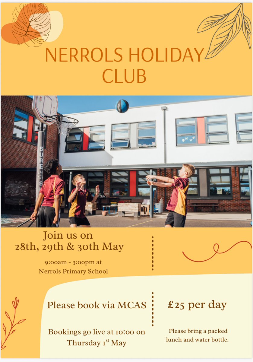 This half-term, we’re launching our very first Nerrols Holiday Club! This will be led by our PE and Sport Leader Mr Templeton and will aim to provide a range of healthy activities and exercise for Nerrols children. Book your child’s place via the MCAS app! 🎾👟⚽️🎨
