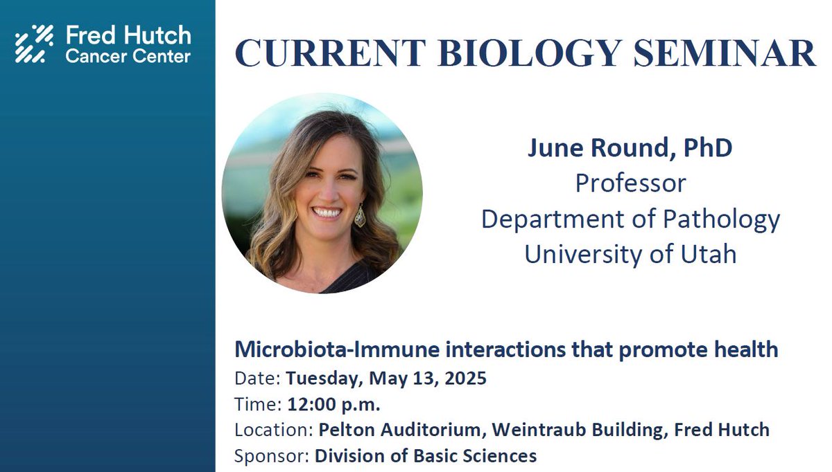 "Microbiota-Immune interactions that promote health"

We’re excited to have <a href="/RoundLabUtah/">Round Lab</a> joining us from <a href="/UofUPathology/">University of Utah Pathology</a> to share her latest research at today’s Current Biology Seminar! For all our @FredHutch colleagues, don’t miss a great talk at noon in Pelton!