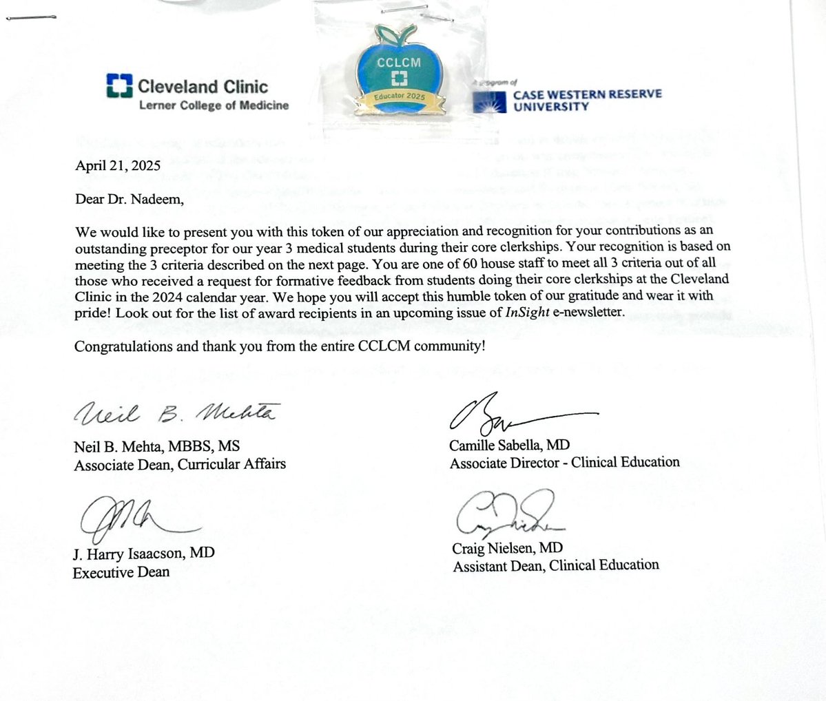 Ahmed Nadeem (@ahmednadeemmd) on Twitter photo Always an honor to precept our wonderful <a href="/ClevelandClinic/">Cleveland Clinic</a> Lerner College of Medicine Students.
Humbled and Grateful for the recognition!
<a href="/CCF_IMCHIEFS/">Cleveland Clinic IM</a> <a href="/CCF_GIFellows/">CCF GI Fellowship</a> <a href="/AndreiBrateanu/">Andrei Brateanu</a> <a href="/JPAchkarMD/">Jean-Paul Achkar</a> <a href="/Ari_G_MD/">Ari Garber MD, EdD</a> <a href="/MoMohmandMD/">Mohammad Mohmand, MD, MEd</a> Always an honor to precept our wonderful <a href="/ClevelandClinic/">Cleveland Clinic</a> Lerner College of Medicine Students.
Humbled and Grateful for the recognition!
<a href="/CCF_IMCHIEFS/">Cleveland Clinic IM</a> <a href="/CCF_GIFellows/">CCF GI Fellowship</a> <a href="/AndreiBrateanu/">Andrei Brateanu</a> <a href="/JPAchkarMD/">Jean-Paul Achkar</a> <a href="/Ari_G_MD/">Ari Garber MD, EdD</a> <a href="/MoMohmandMD/">Mohammad Mohmand, MD, MEd</a>