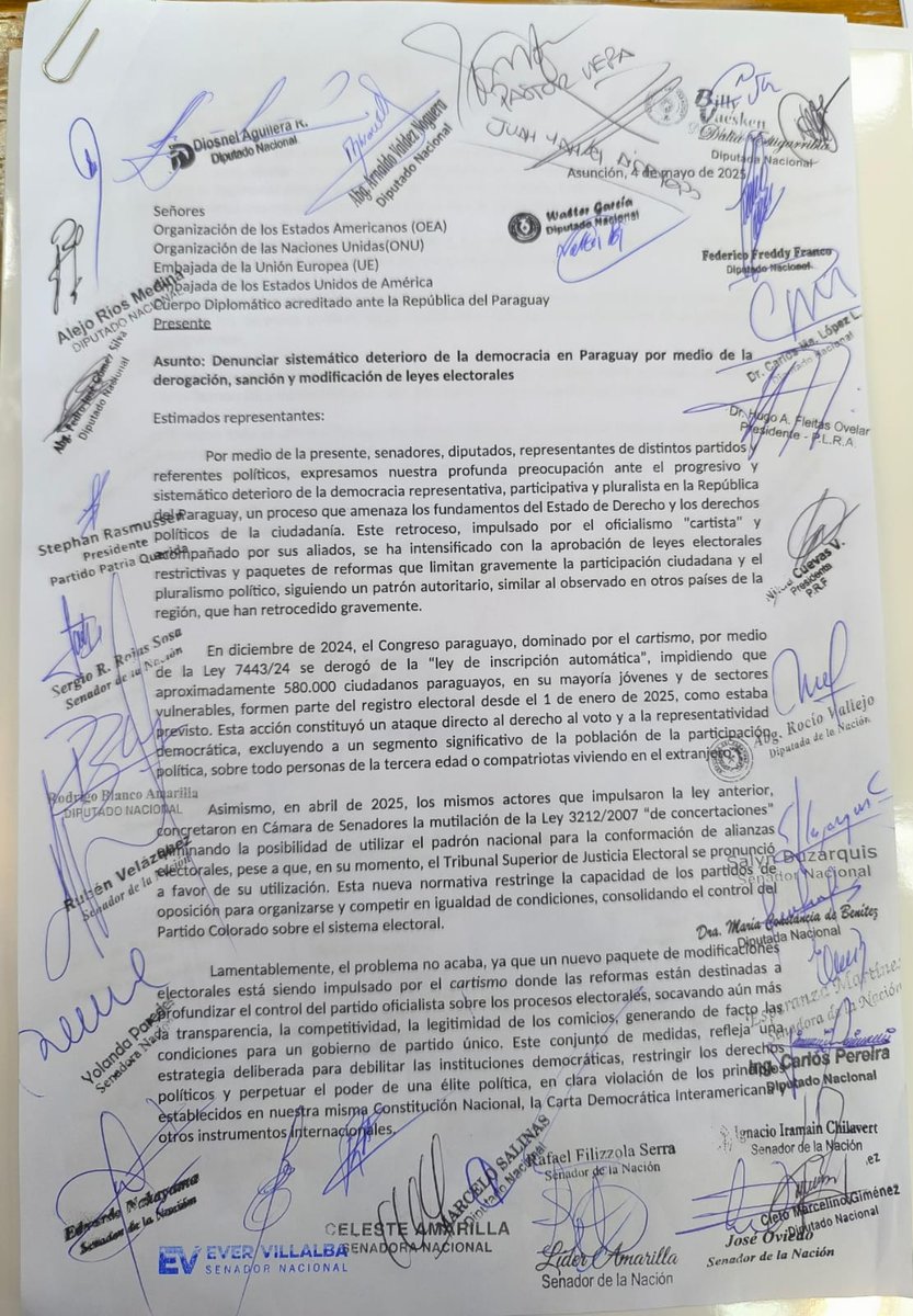 Denuncia al sistemático deterioro de la democracia en Paraguay por medio de la derogación, sanción y modificación de leyes electorales.

#ArnaldoDiputado
Trabajando con la gente!💪🇵🇾