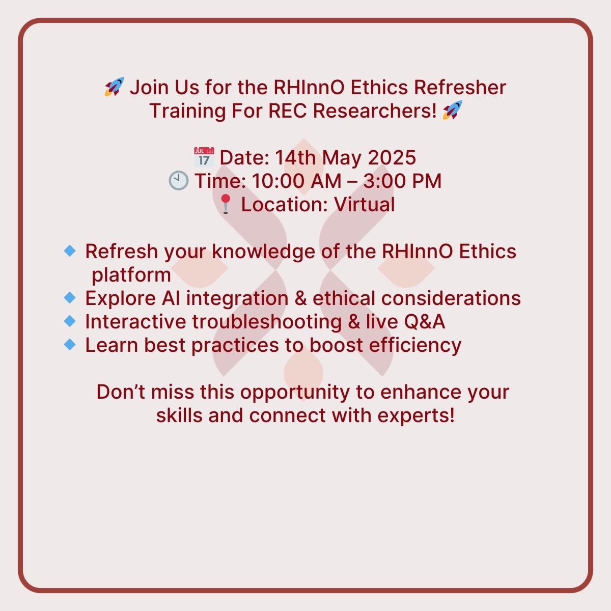 Tomorrow’s the Day! Join Us for RHInno Ethics Refresher Training for REC Researchers!

Don’t miss your chance to utilise this opportunity.

#ethics #ethicstraining #capacitybuilding #researcher #researchethics #researchintegrity #ethicsreview #ethicsreviewboard #aiethics