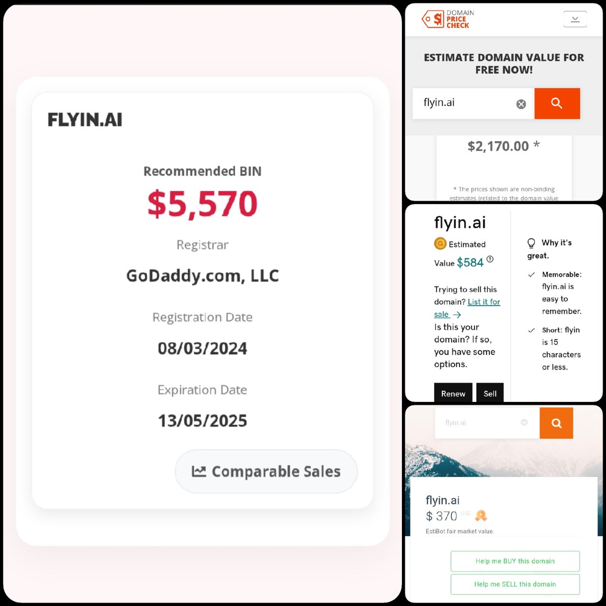 🤖 Flyin .ai

💰 Sold Price : $3,000

✔ @DNRater Recommended BIN : $5,570
✔ InternetX Appraisal : $2,170
✔ Godaddy Estimation : $584
✔ Estibot Valuation : $370

📌 Venue : <a href="/afternic/">Afternic</a> 
📆 2025-05-12