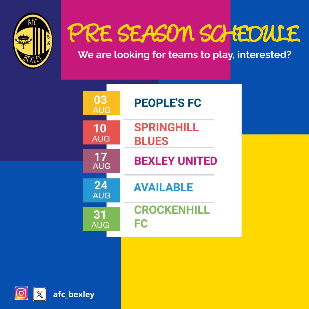 AFC Bexley (@afc_bexley) on Twitter photo Still have some dates left for our pre season schedule
DM us for the dates available
<a href="/WESFA_Football/">W.E.S.F.A.</a>
@SELKGrassroots Still have some dates left for our pre season schedule
DM us for the dates available
<a href="/WESFA_Football/">W.E.S.F.A.</a>
@SELKGrassroots
