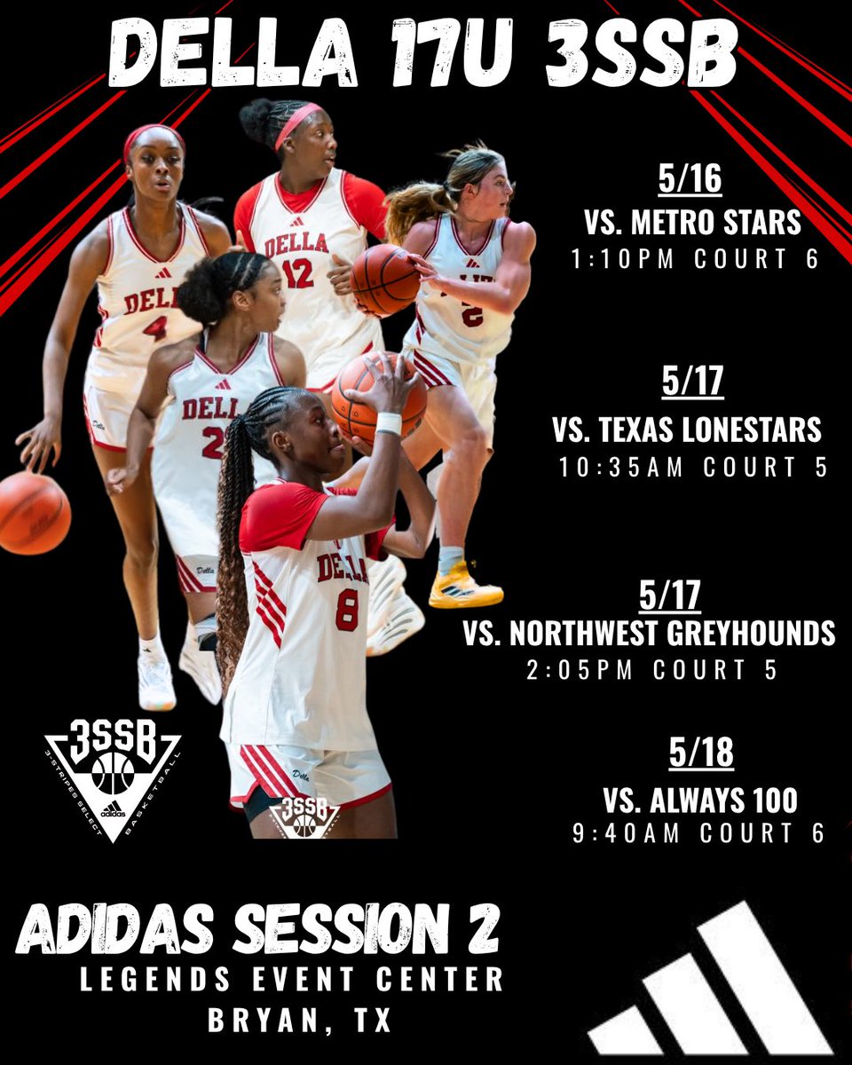 Della 17U 3SSB (@17u3ssbdella) on Twitter photo 💨 ADIDAS SESSION 2 SCHEDULE DROP 💥💥💥
Headed to Bryan, TX ready to compete‼️ These girls can HOOP! Coaches come see for yourself‼️
#TheLastRide #3StripeLife
<a href="/3SSBGCircuit/">3Stripes Select Basketball Girls Circuit</a> <a href="/dellalamb_bball/">Della Basketball Club</a> 💨 ADIDAS SESSION 2 SCHEDULE DROP 💥💥💥
Headed to Bryan, TX ready to compete‼️ These girls can HOOP! Coaches come see for yourself‼️
#TheLastRide #3StripeLife
<a href="/3SSBGCircuit/">3Stripes Select Basketball Girls Circuit</a> <a href="/dellalamb_bball/">Della Basketball Club</a>